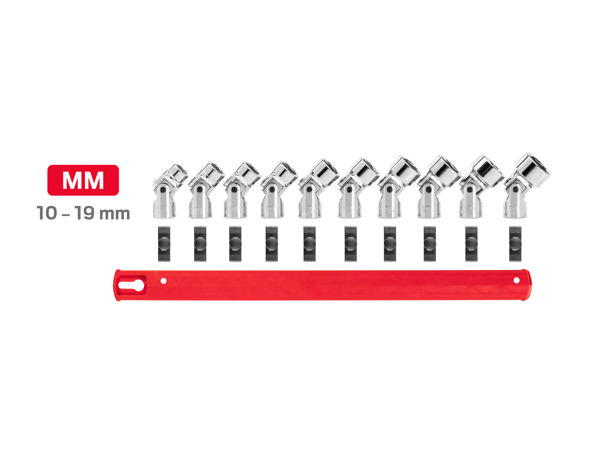 Set includes 10–19 mm (metric) 6-point shallow universal joint sockets. Comes with organization rail. No skipped sizes. SHD91119.