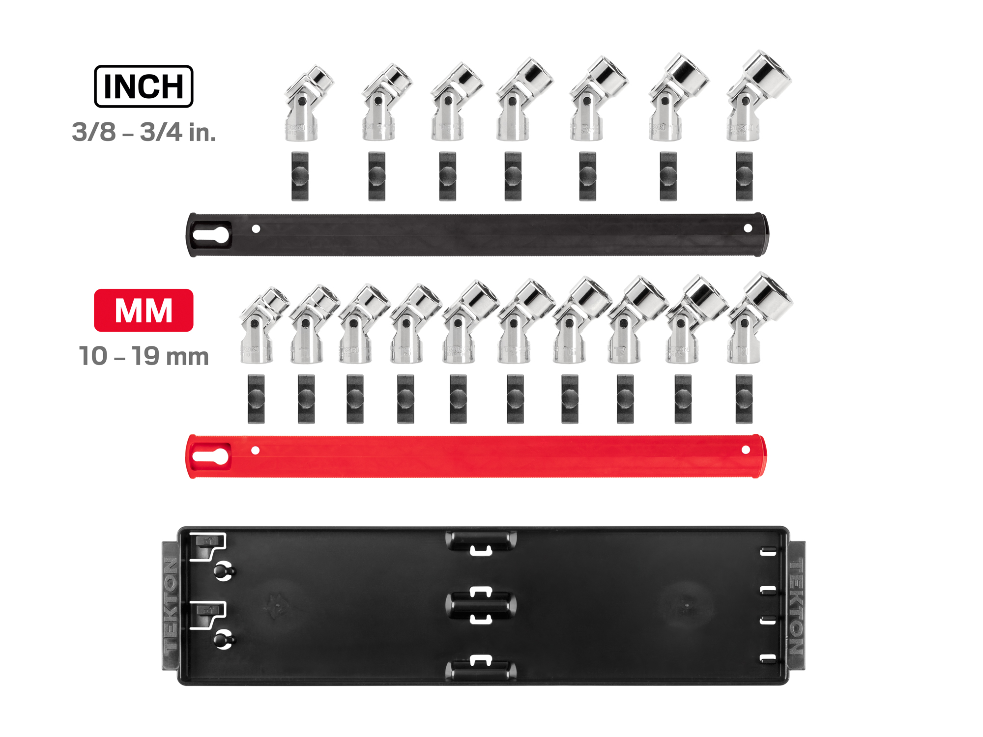 Set includes 3/8–3/4 inch (SAE) and 10–19 mm (metric) 6-point shallow universal joint sockets. Comes with organization rails and tray. No skipped sizes. SHD91217.