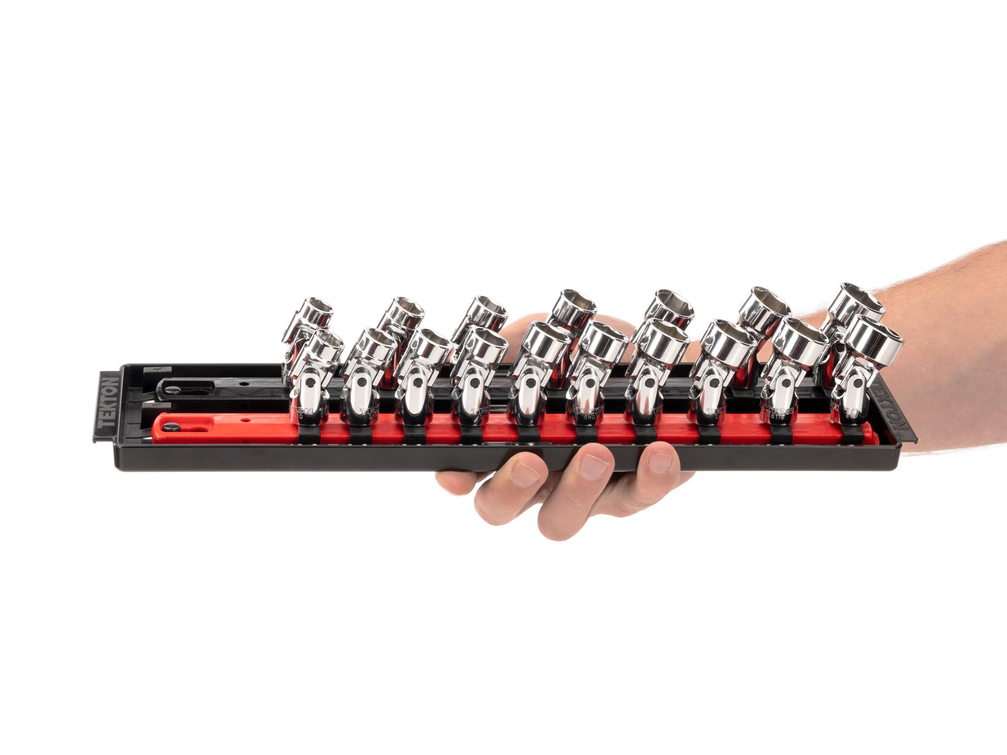 Person holding Tekton rail hand drive universal joint socket set. Item #SHD91217