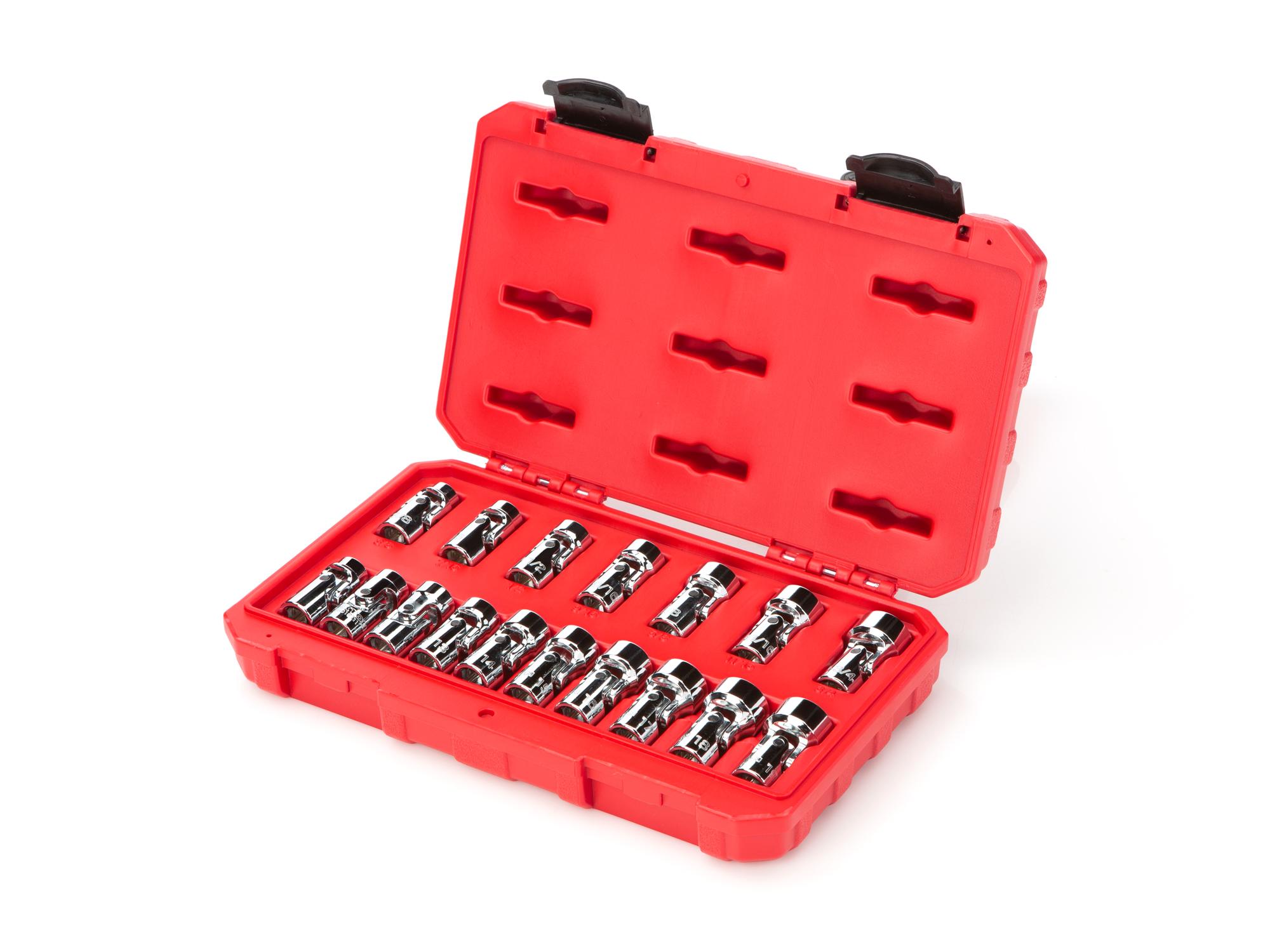 Front-right angle view of Tekton case hand drive universal joint socket set. Item #SHD91301