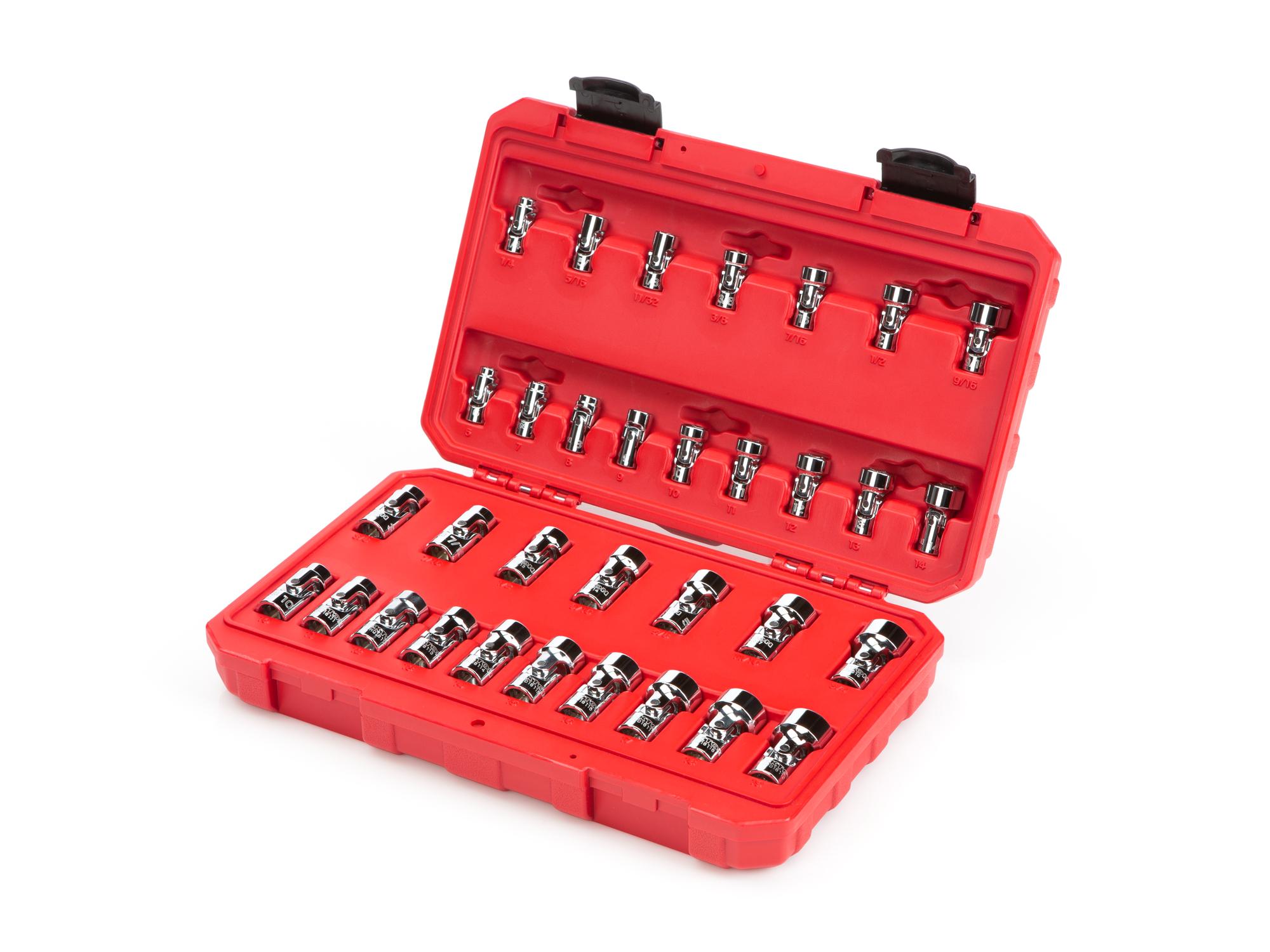 Front-right angle view of Tekton case hand drive universal joint socket set. Item #SHD99301