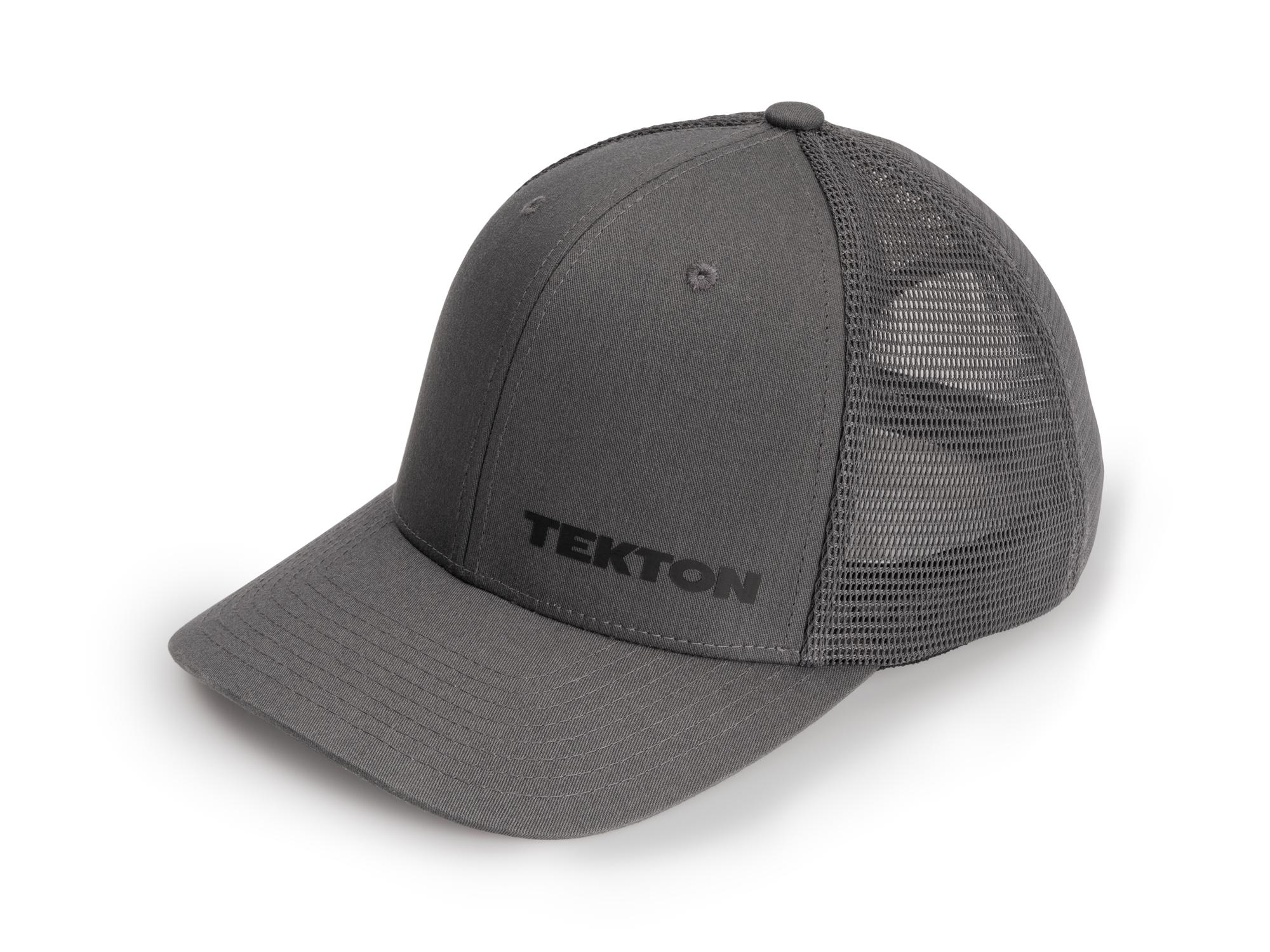 Front-right angle view of dark-gray-black-logo Tekton hat. Item #APG31006