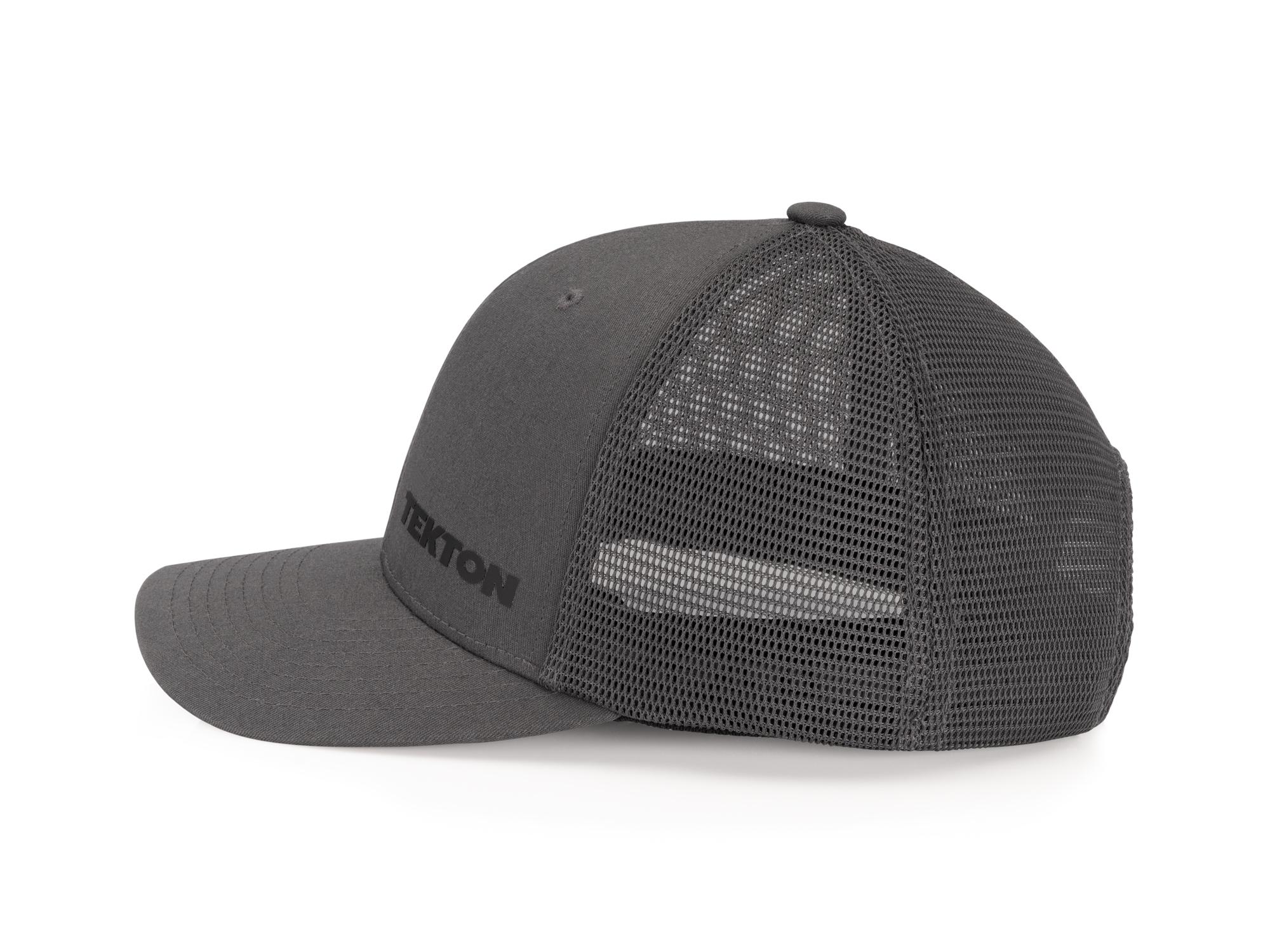 Side view of dark-gray-black-logo Tekton hat. Item #APG31006