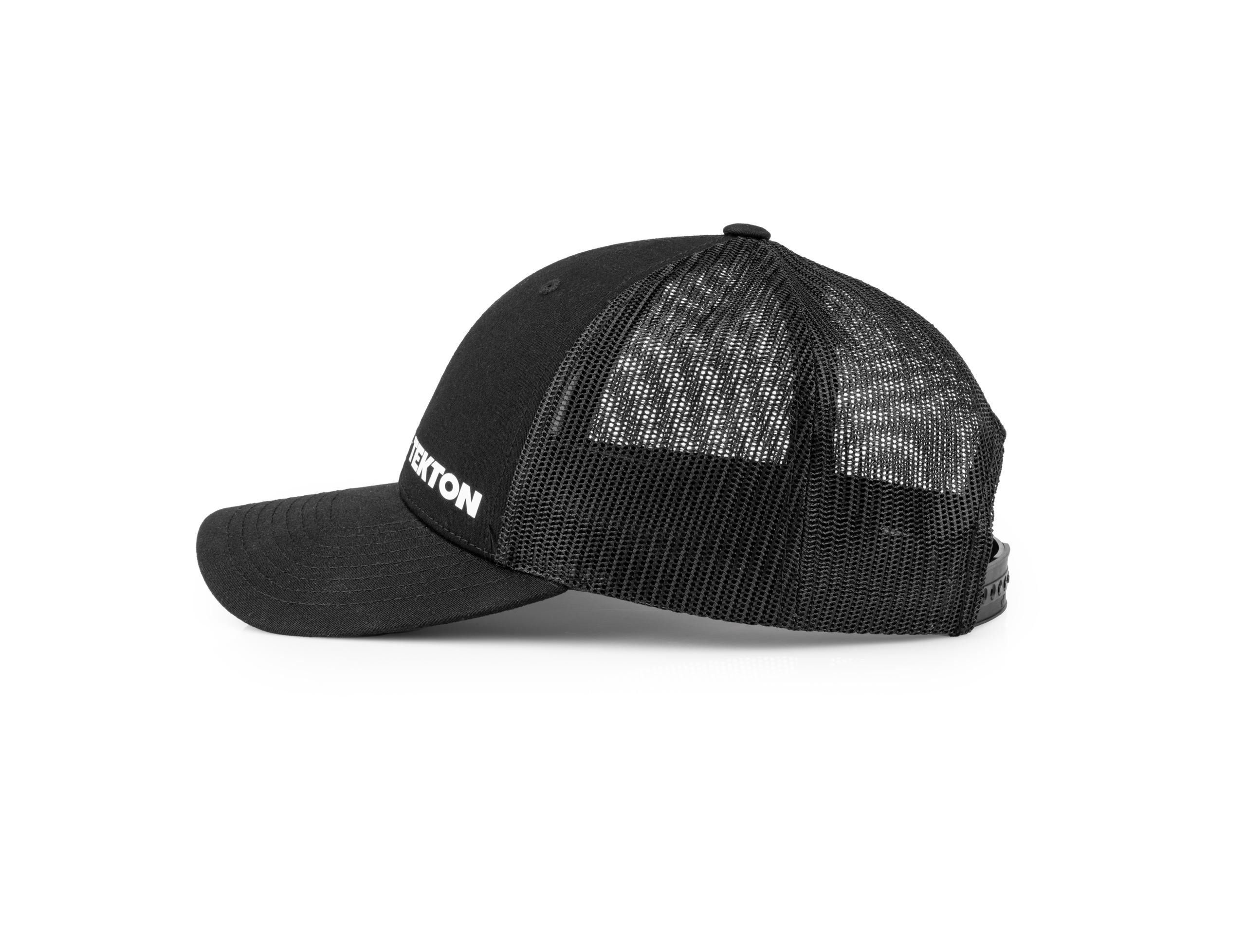Side view of black-white-logo Tekton hat. Item #APG31008