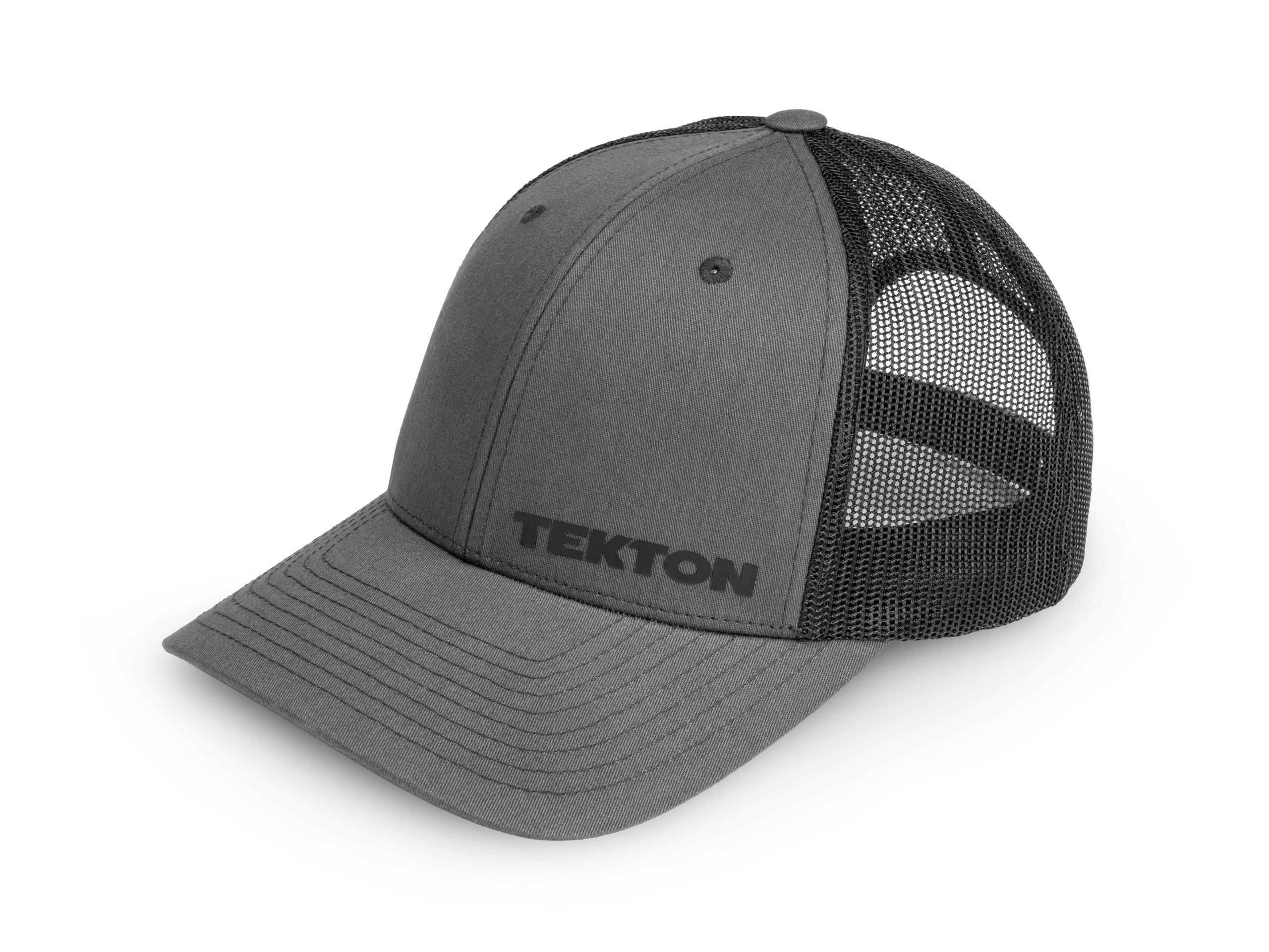 Front-right angle view of dark-gray-black-logo Tekton hat. Item #APG31010