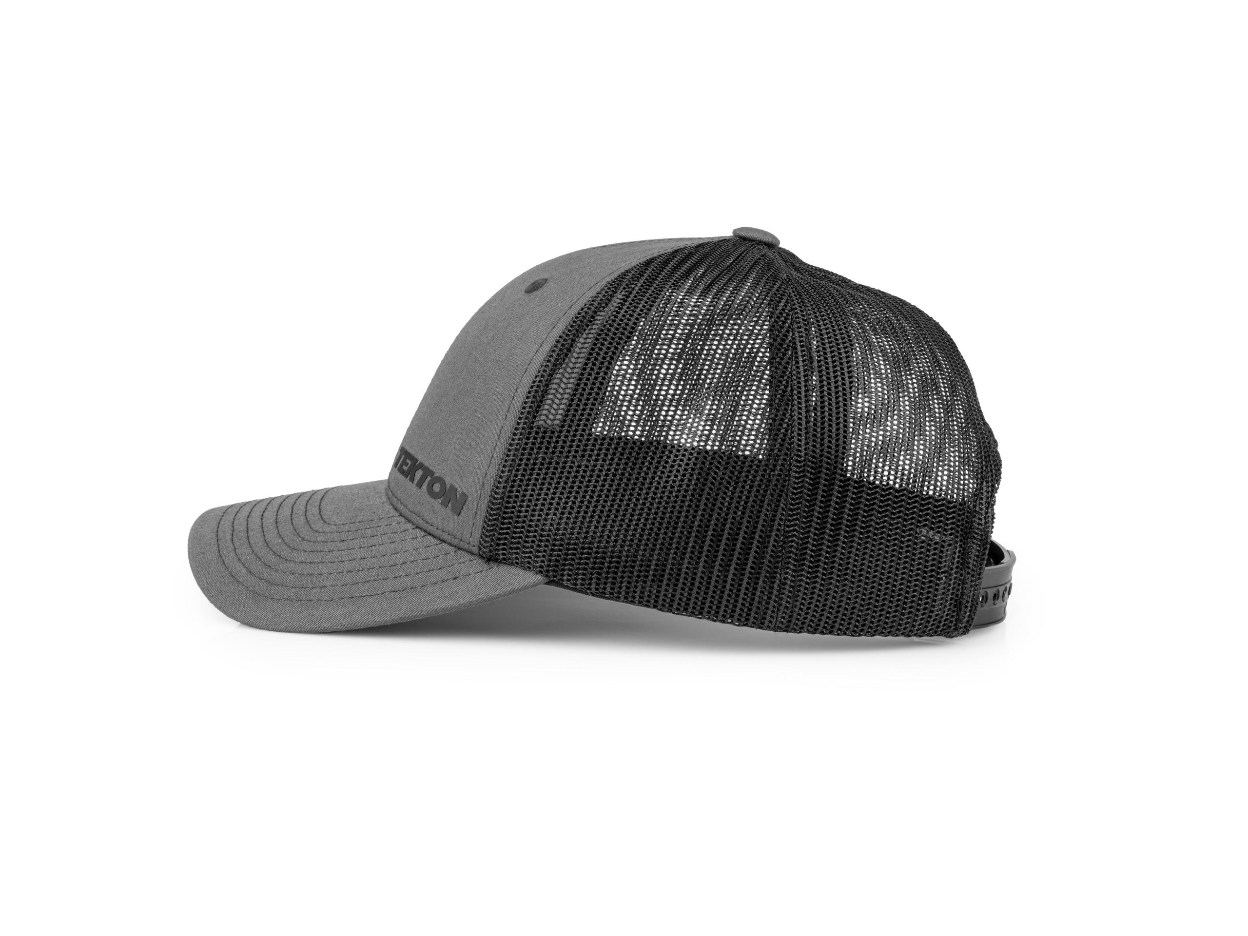 Side view of dark-gray-black-logo Tekton hat. Item #APG31010