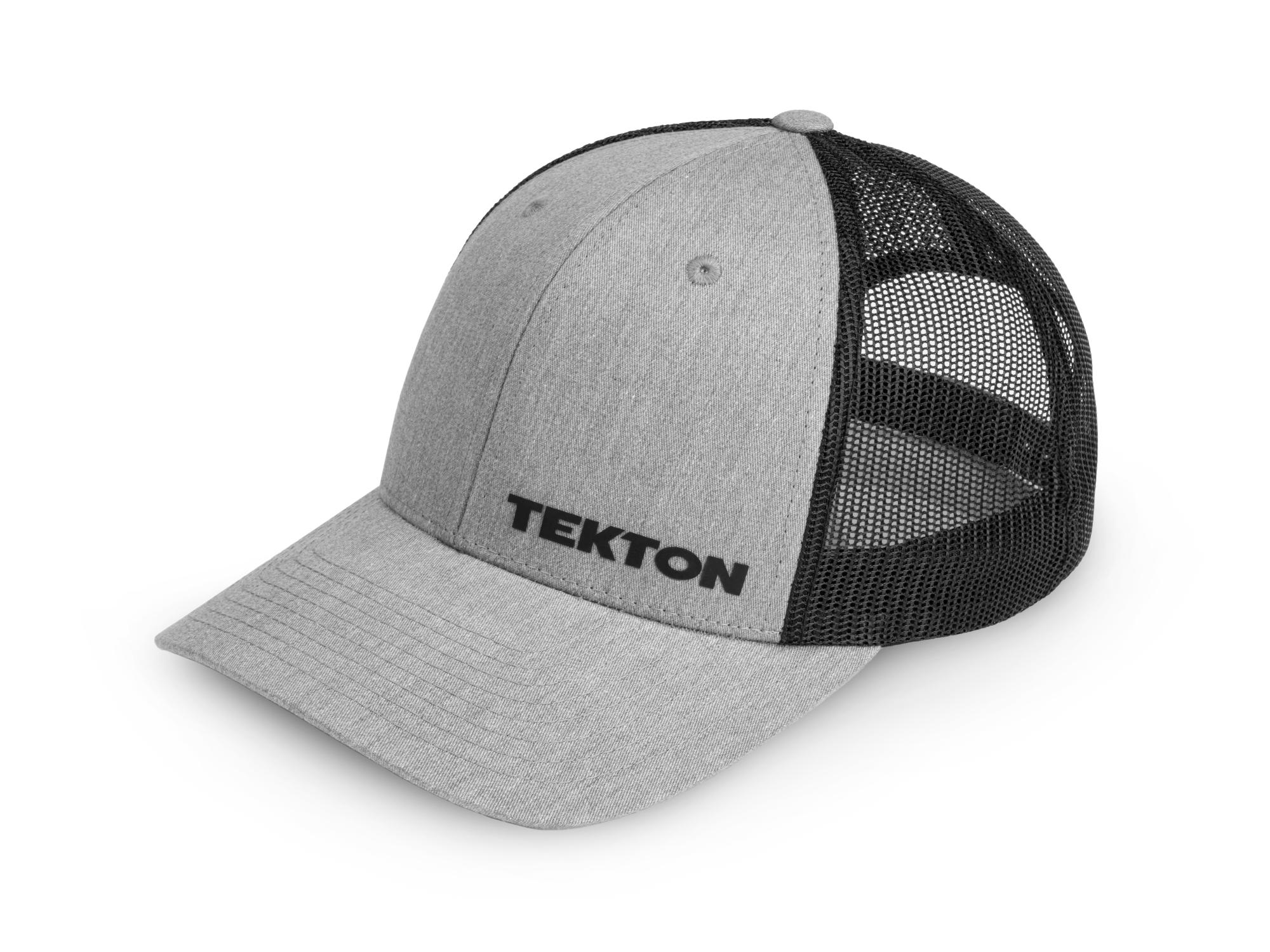 Front-right angle view of light-gray-black-logo Tekton hat. Item #APG31011