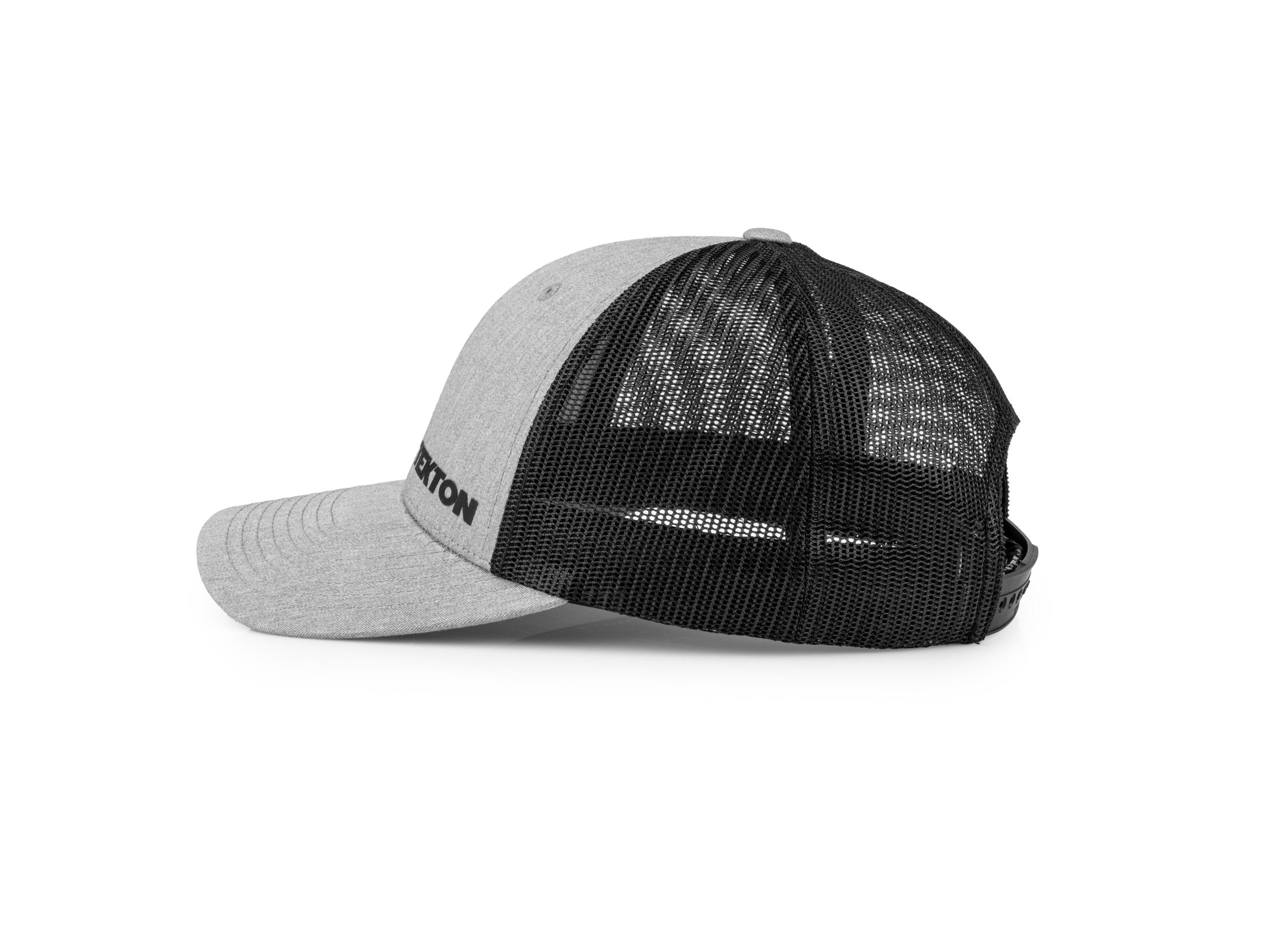 Side view of light-gray-black-logo Tekton hat. Item #APG31011