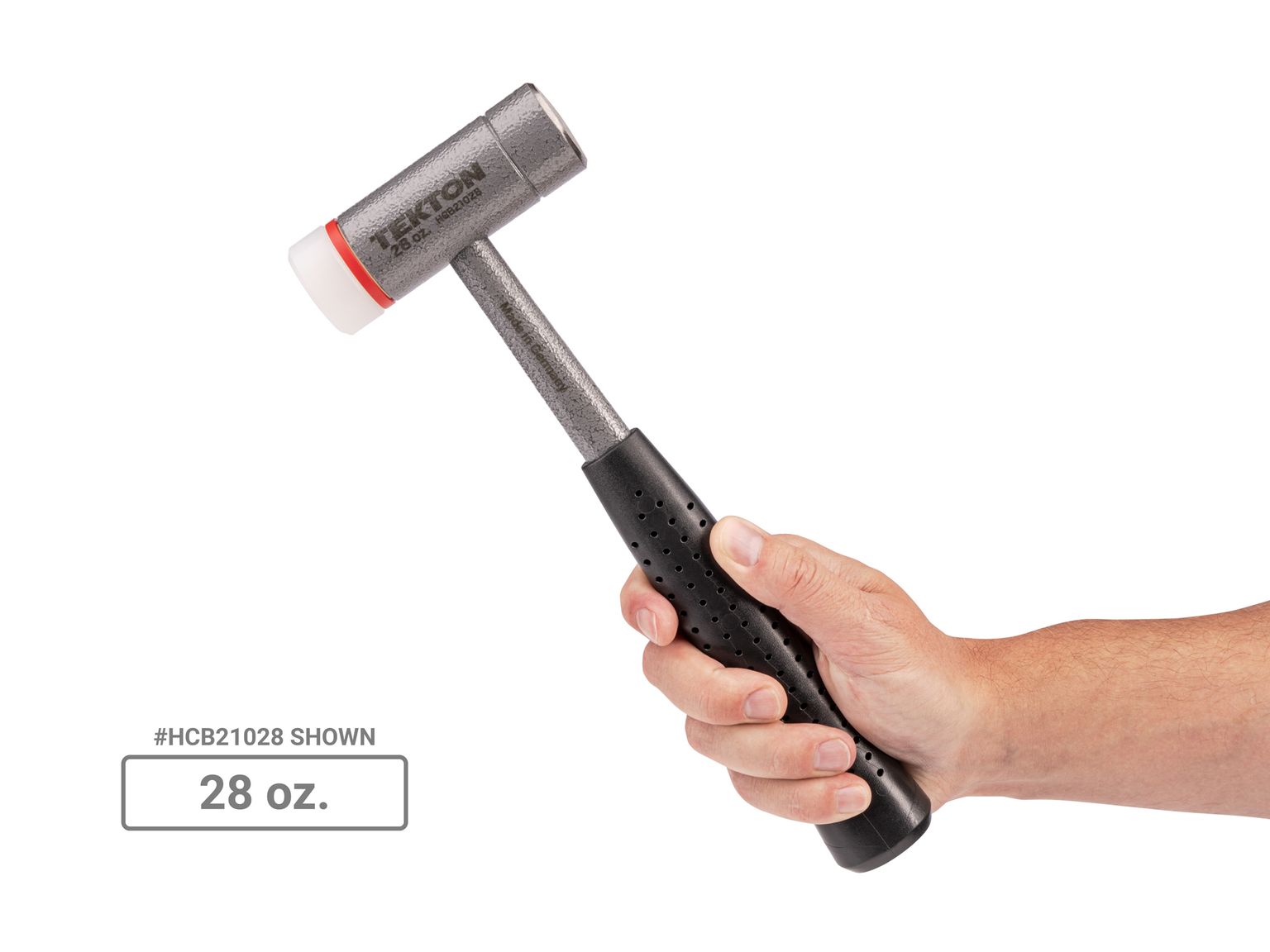 Person holding  Tekton heavy hammer set. Item #HCB92001