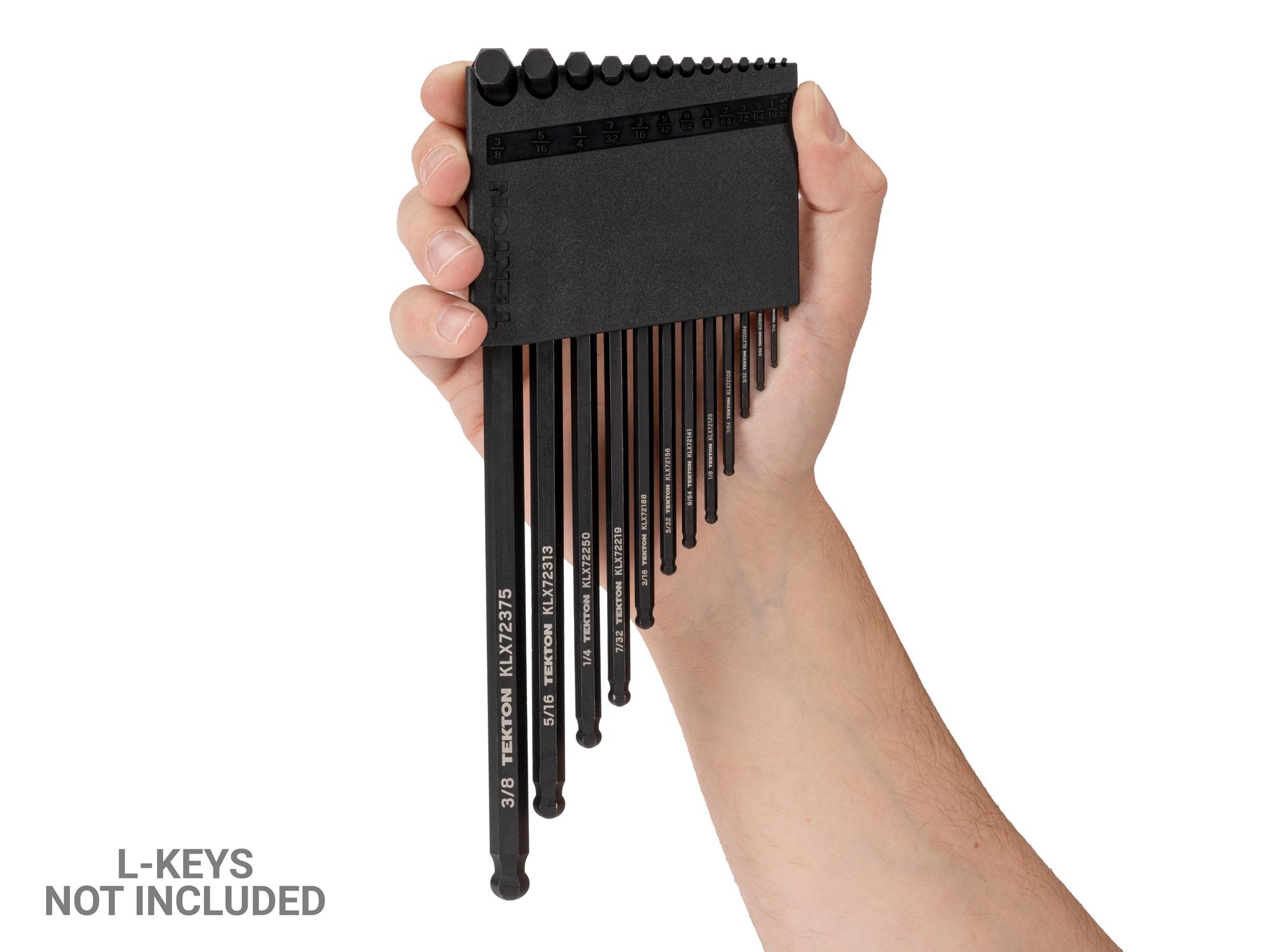 Person holding black Tekton holder hex key organization. Item #OKH31101