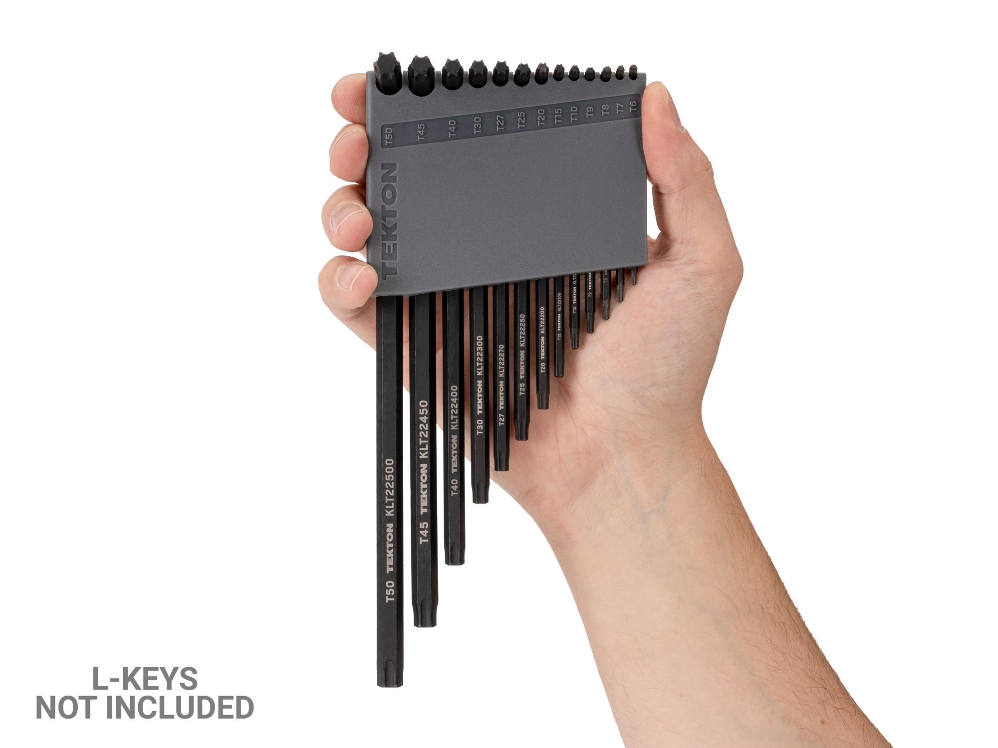 Person holding gray Tekton holder hex key organization. Item #OKH34101