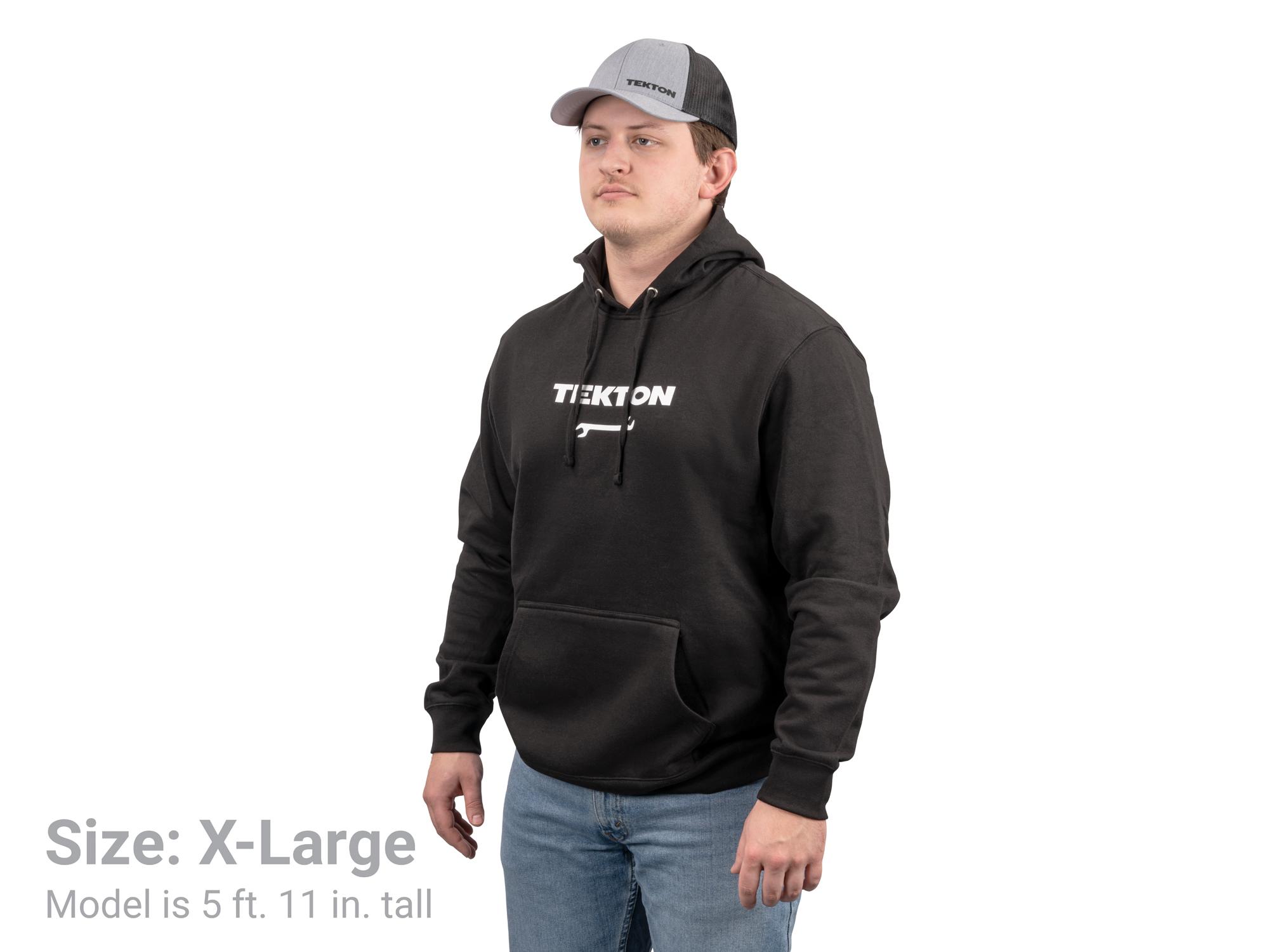 Front-right angle view of black Tekton hoodie. Item #APG32049