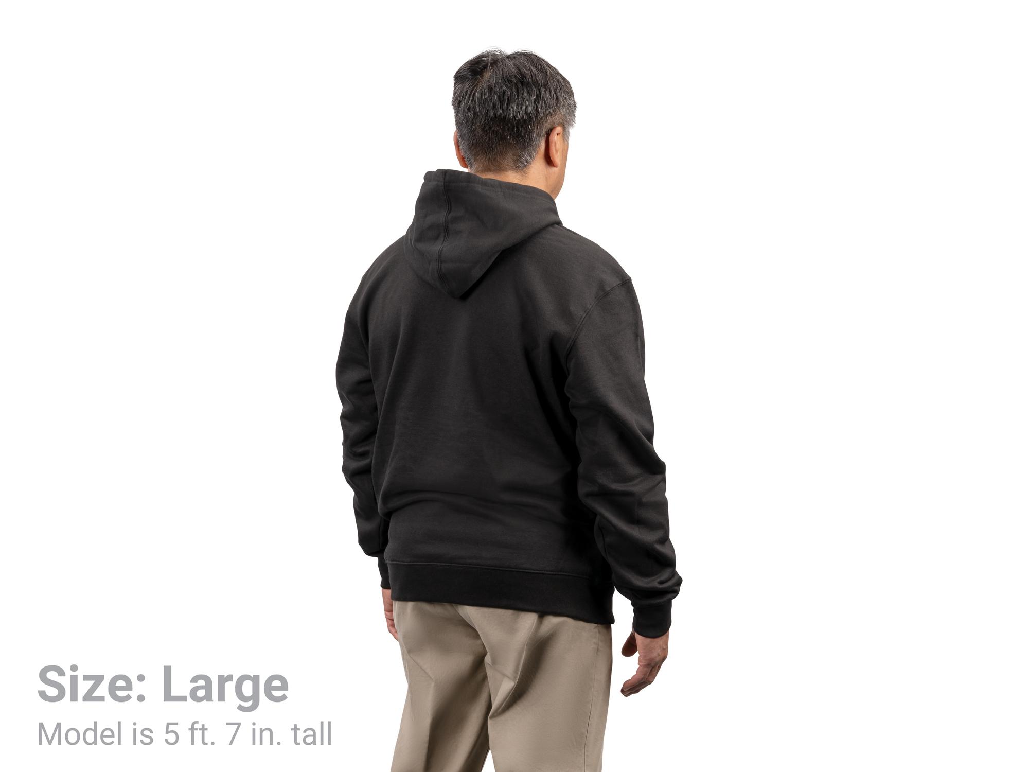 Back view of a man wearing a black Tekton hoodie. Item #APG32048