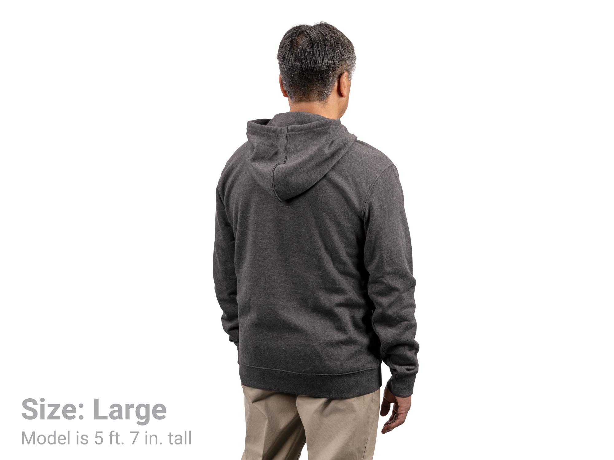 Back view of a man wearing a dark-heather-gray Tekton hoodie. Item #APG32053