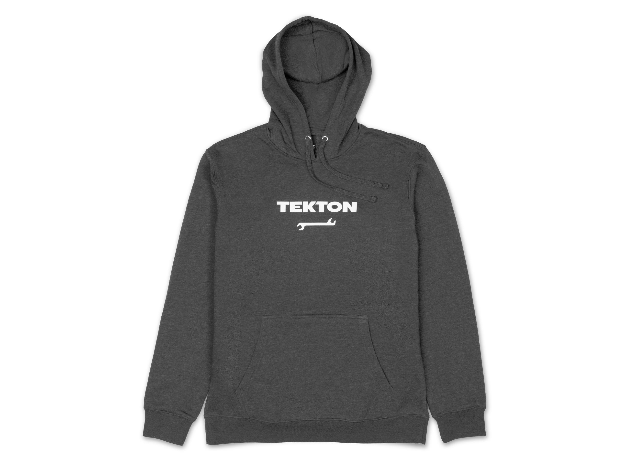 Front view of dark-heather-gray Tekton hoodie. Item #APG32052