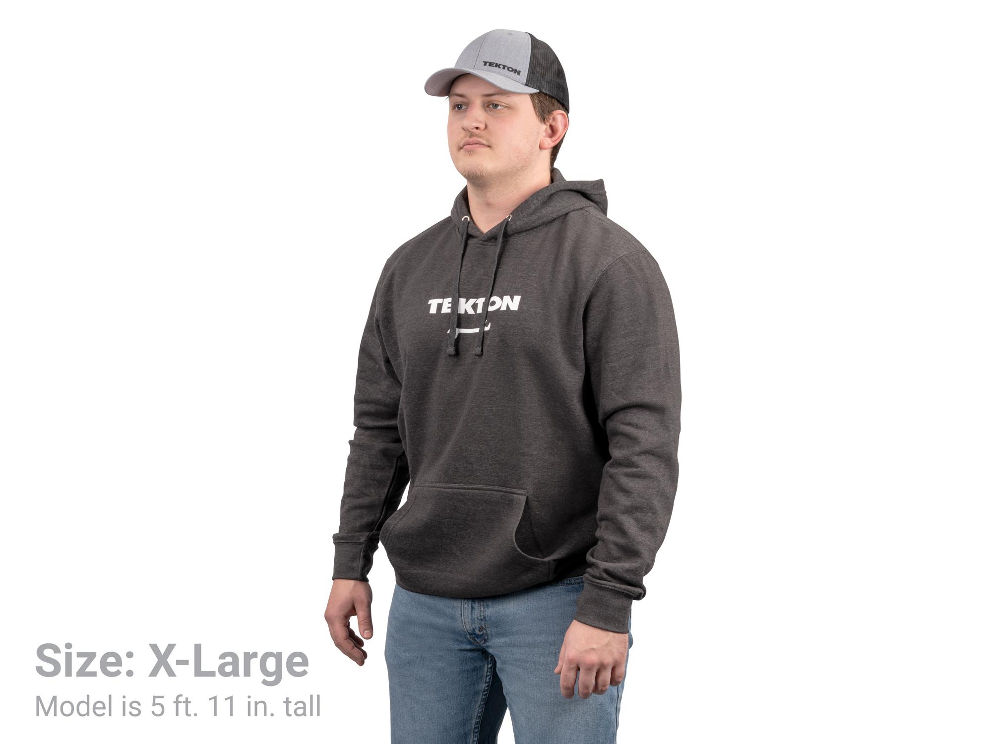 Front-right angle view of dark-heather-gray Tekton hoodie. Item #APG32054