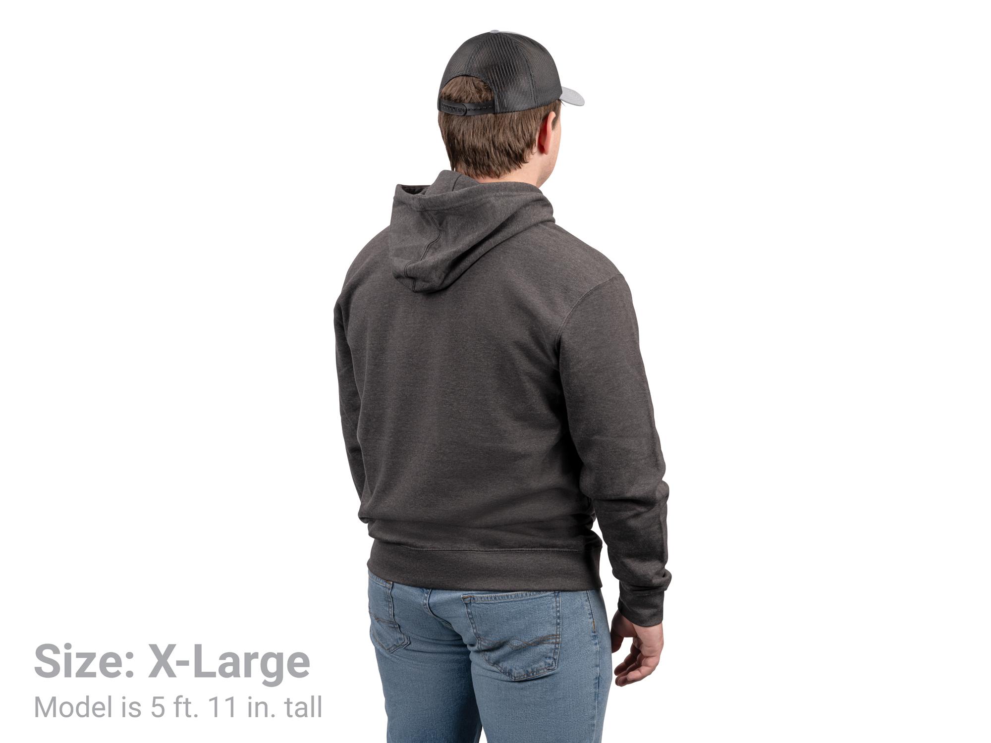 Back view of a man wearing a dark-heather-gray Tekton hoodie. Item #APG32054