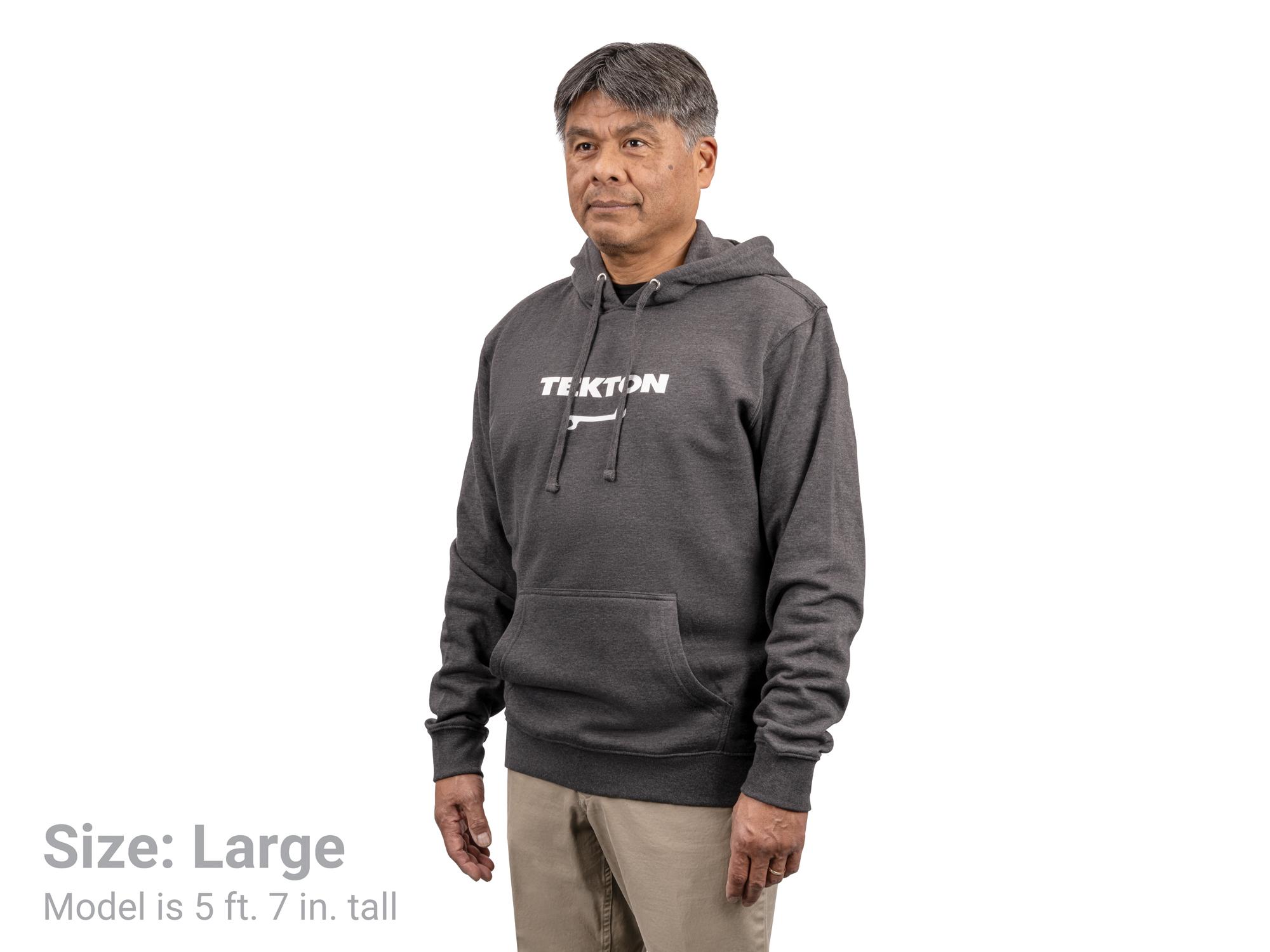 Front view of dark-heather-gray Tekton hoodie. Item #APG32053