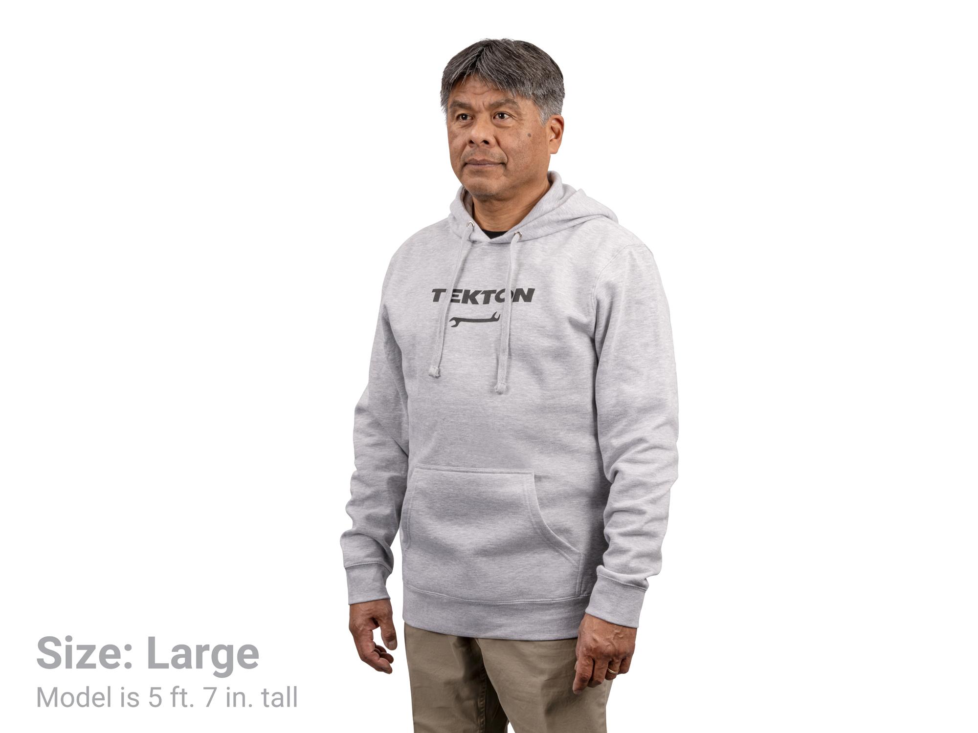 Front view of light-heather-gray Tekton hoodie. Item #APG32058