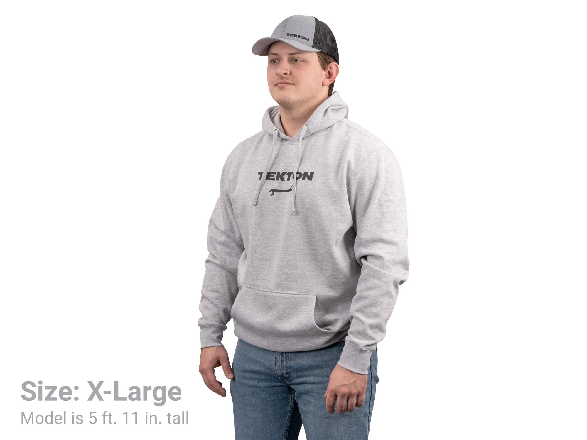 Front-right angle view of light-heather-gray Tekton hoodie. Item #APG32059