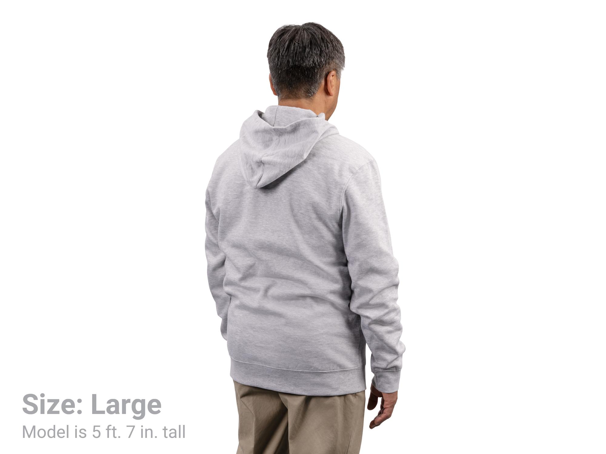 Back view of a man wearing a light-heather-gray Tekton hoodie. Item #APG32058