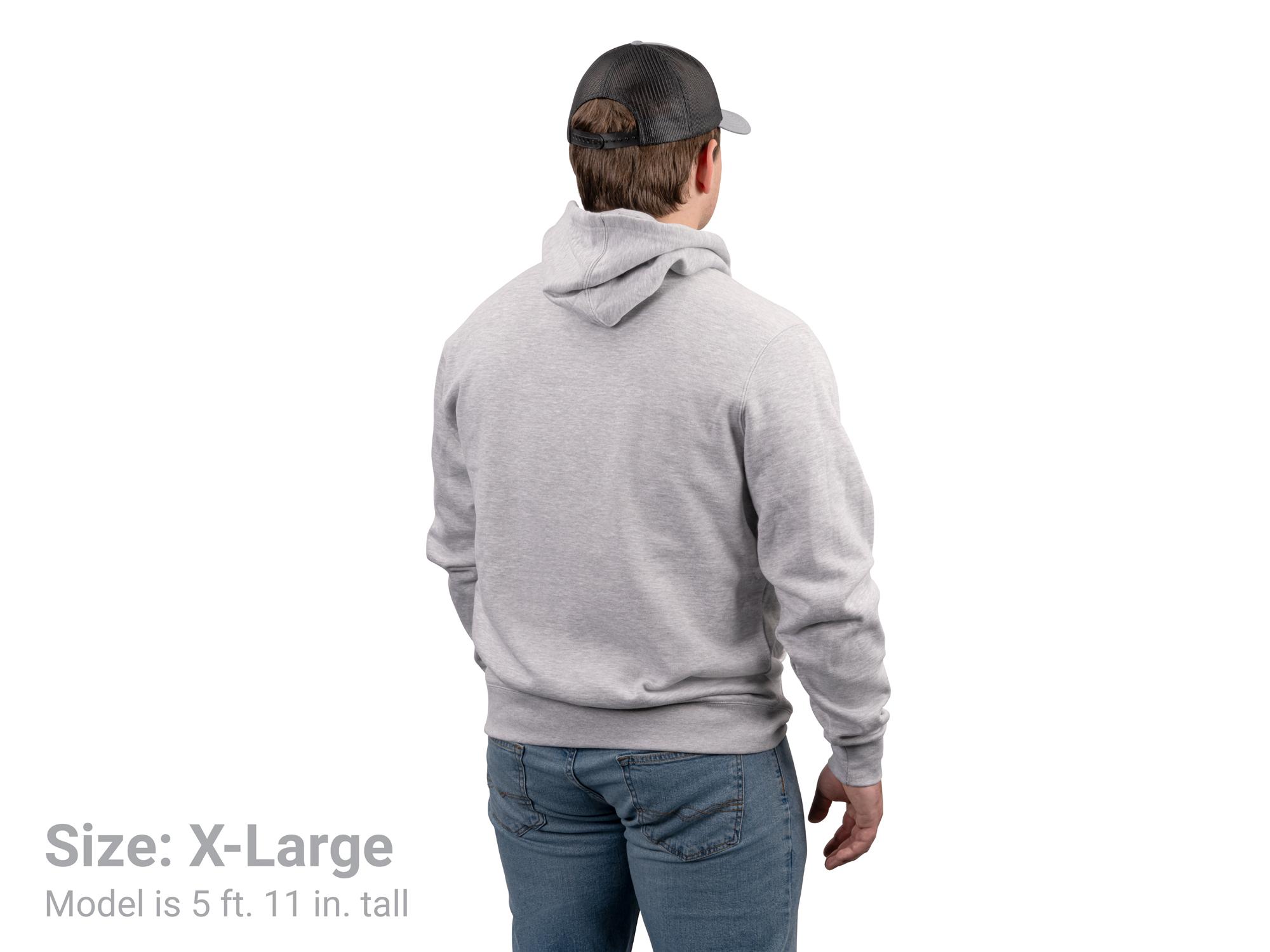 Back view of a man wearing a light-heather-gray Tekton hoodie. Item #APG32059