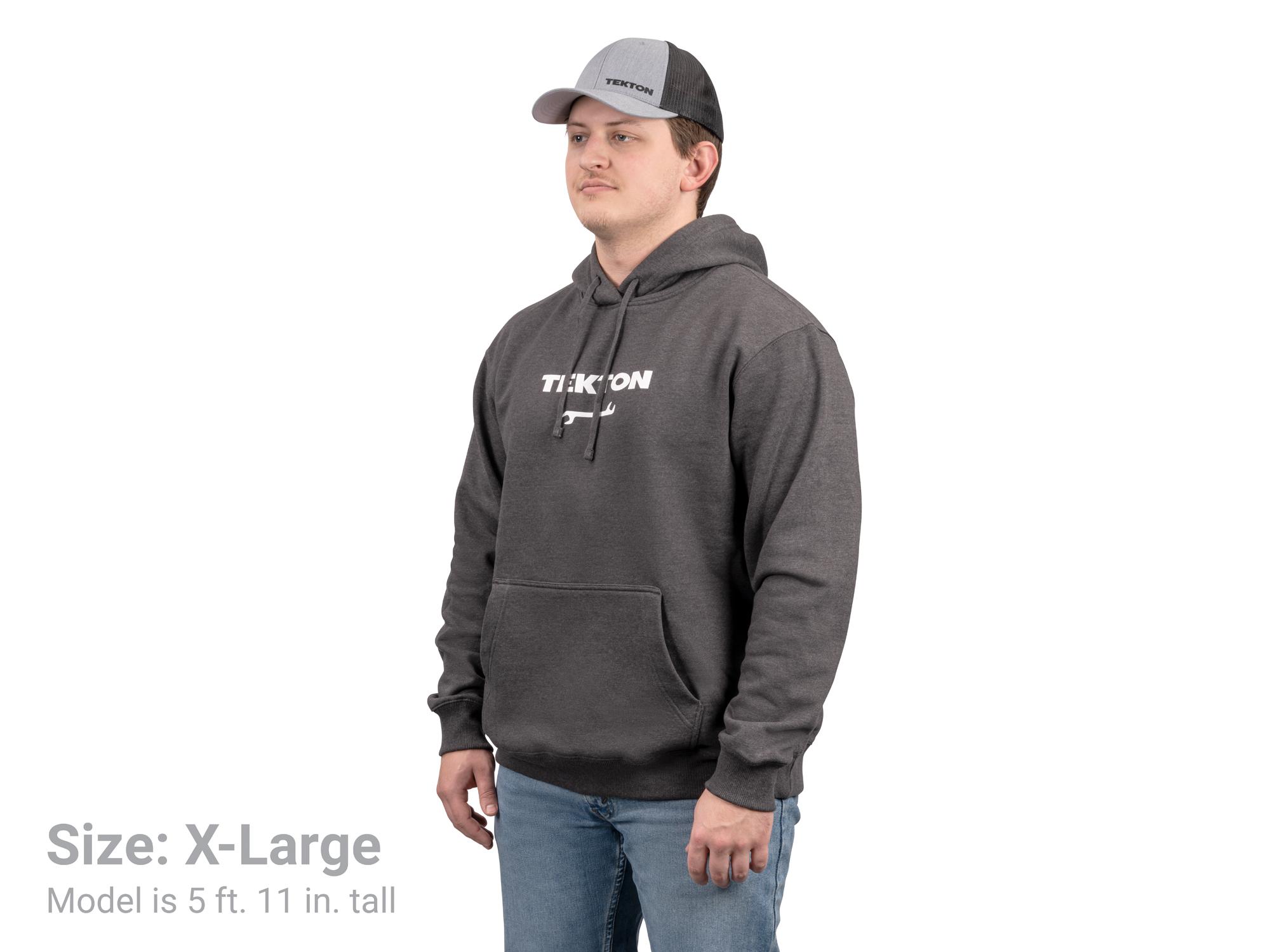 Front-right angle view of dark-heather-gray Tekton hoodie. Item #APG32069