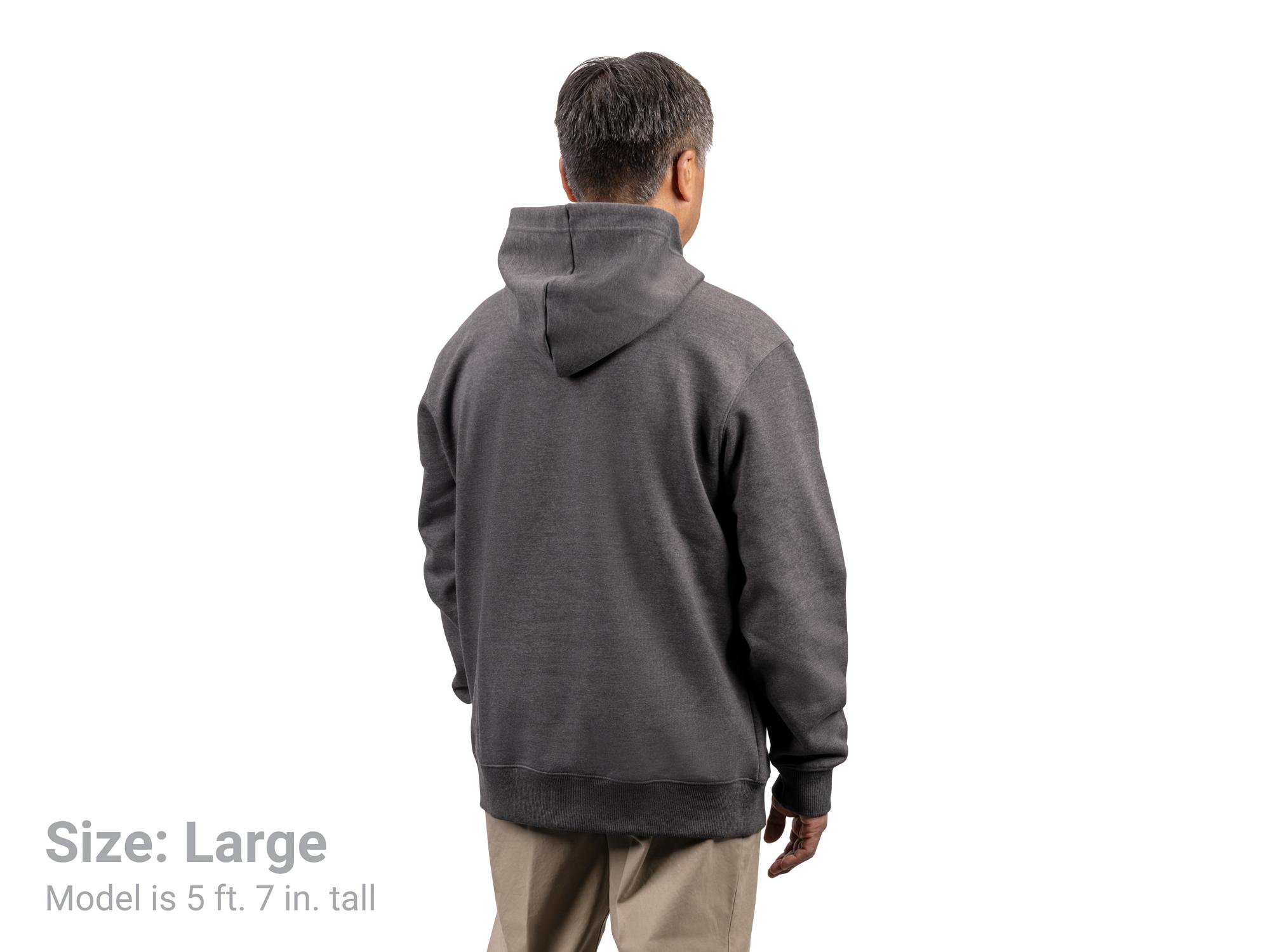 Back view of a man wearing a dark-heather-gray Tekton hoodie. Item #APG32068