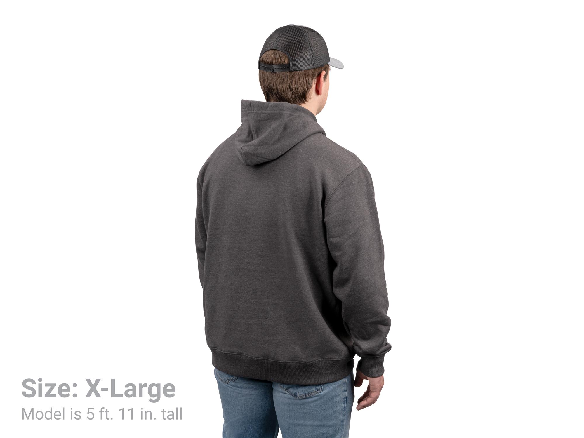 Back view of a man wearing a dark-heather-gray Tekton hoodie. Item #APG32069