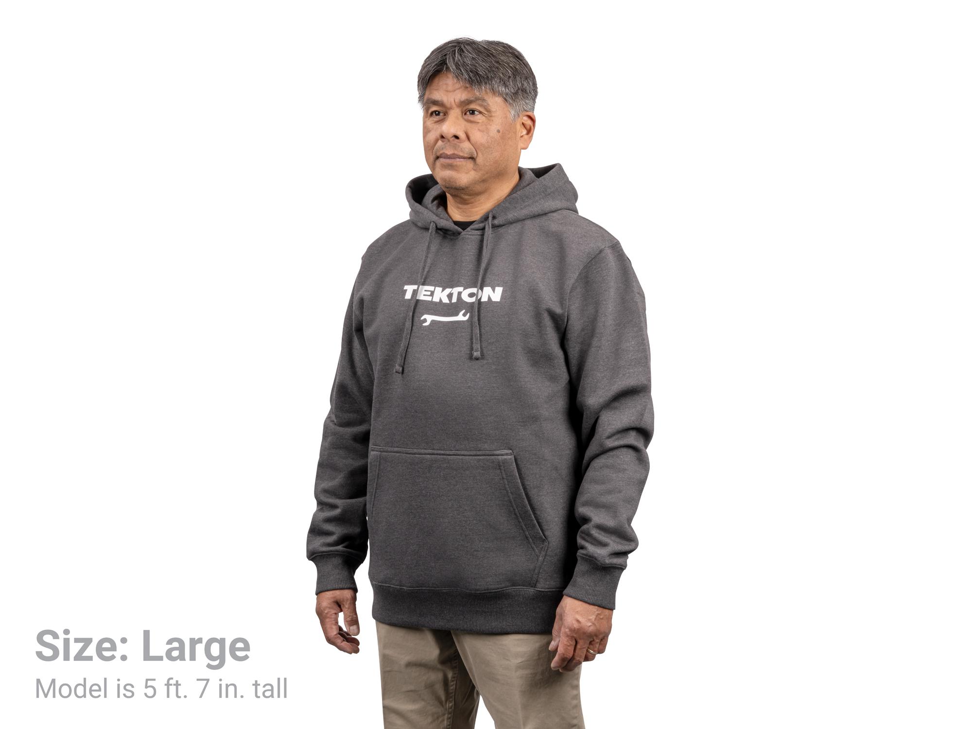 Front view of dark-heather-gray Tekton hoodie. Item #APG32068