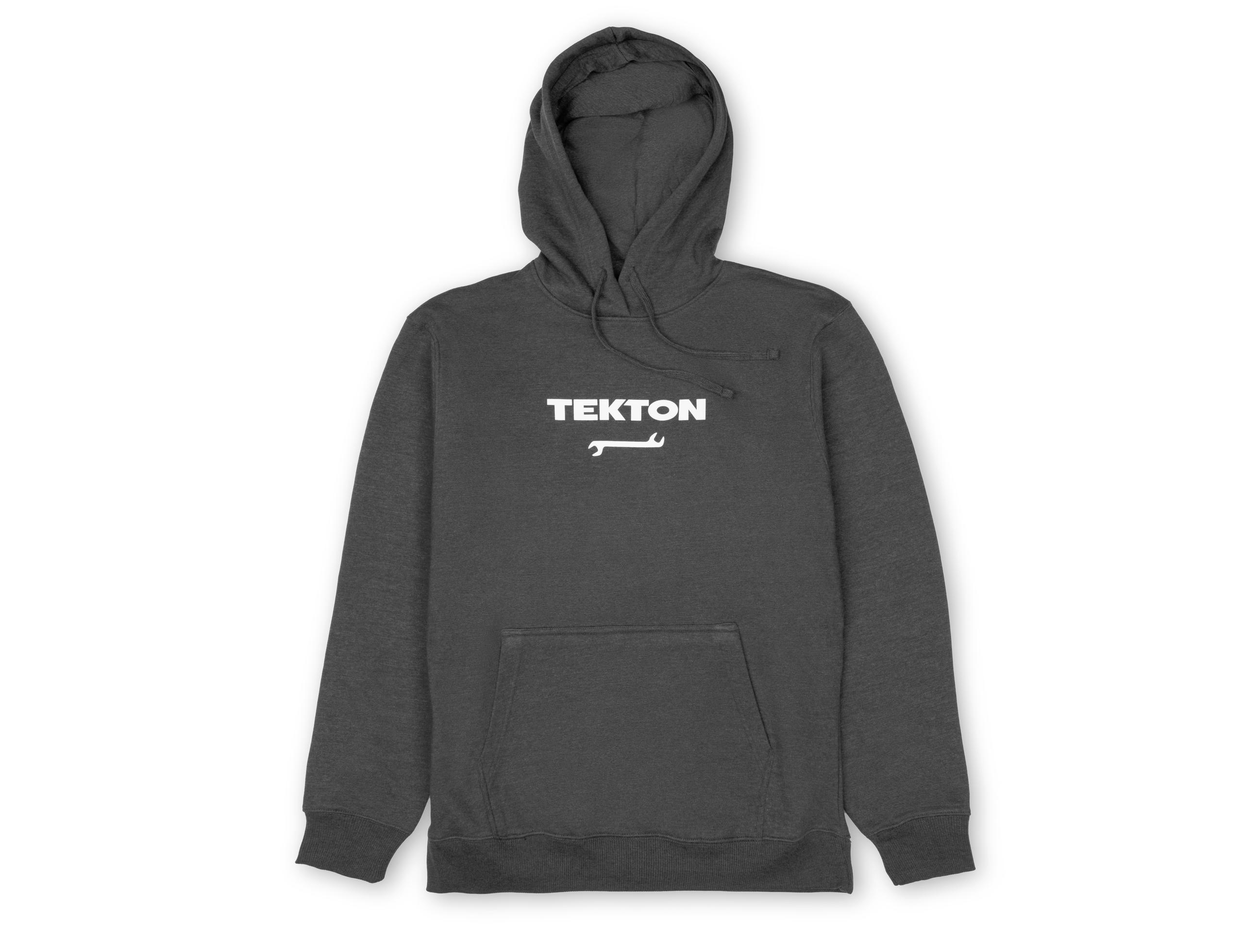 Front view of dark-heather-gray Tekton hoodie. Item #APG32070