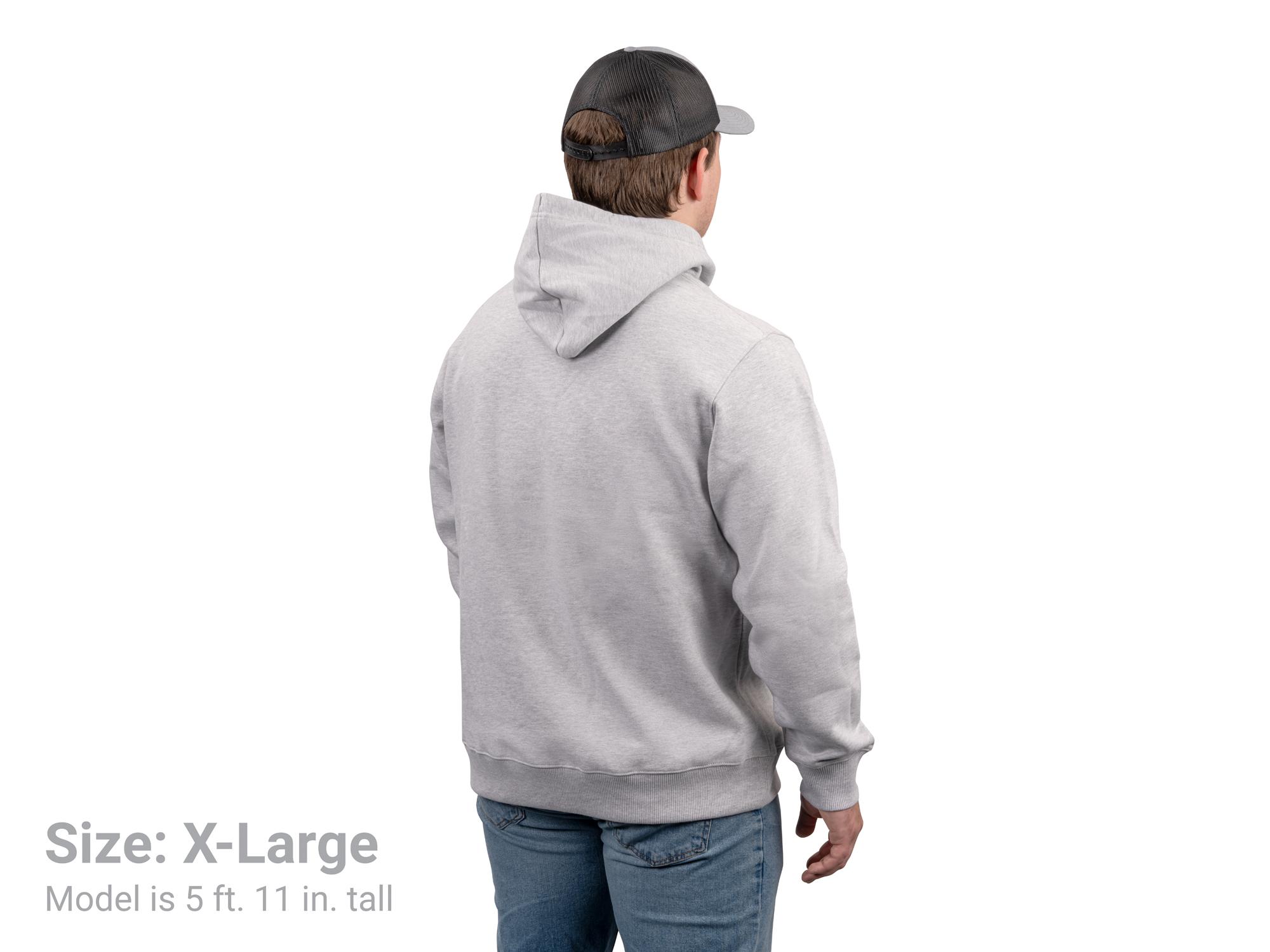 Back view of a man wearing a light-heather-gray Tekton hoodie. Item #APG32074