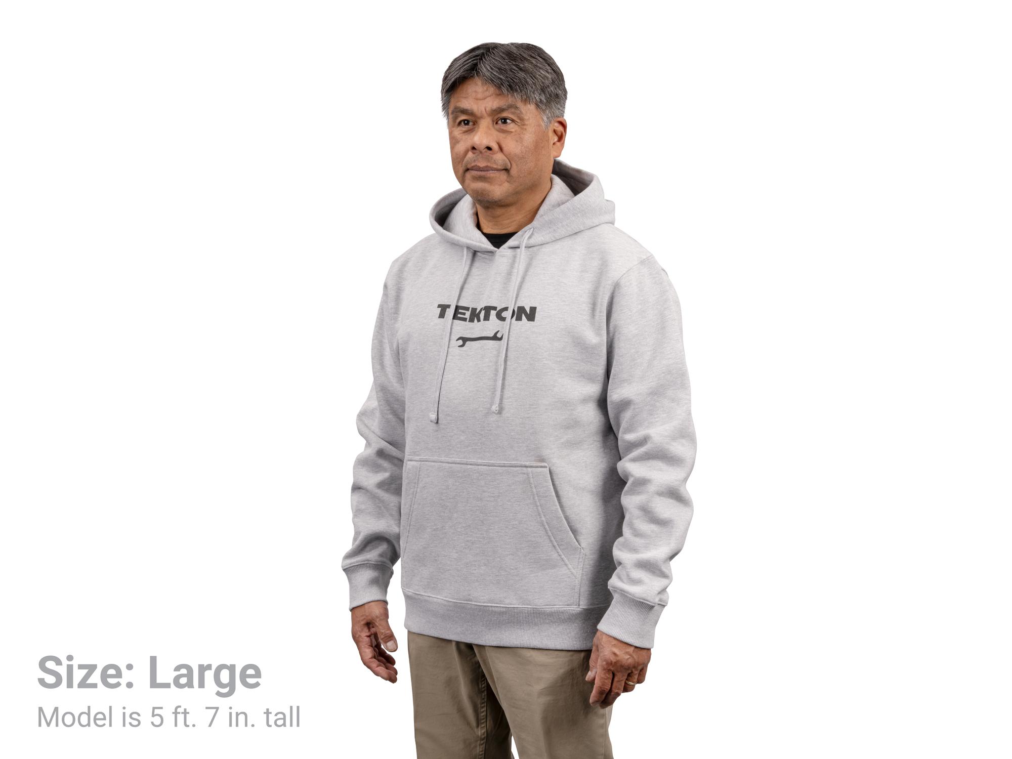 Front view of light-heather-gray Tekton hoodie. Item #APG32073