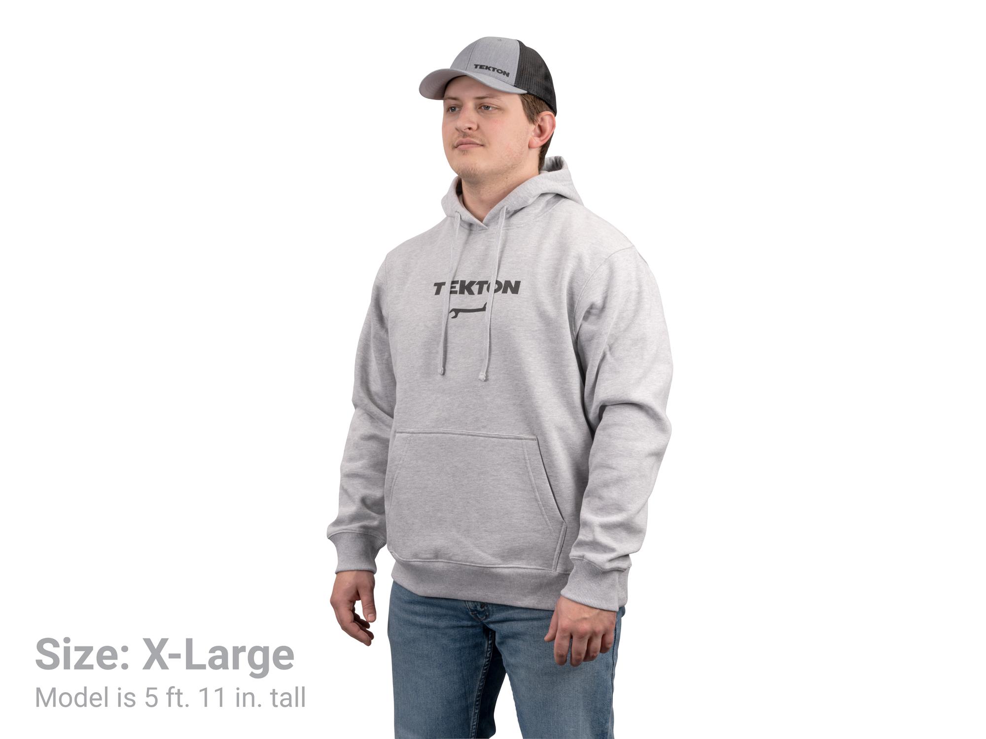 Front-right angle view of light-heather-gray Tekton hoodie. Item #APG32074