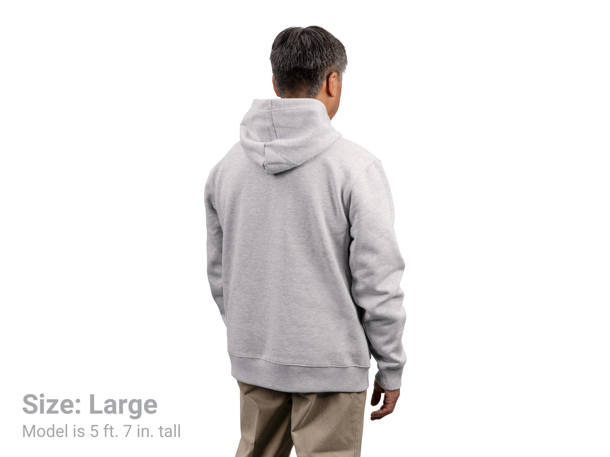 Back view of a man wearing a light-heather-gray Tekton hoodie. Item #APG32073