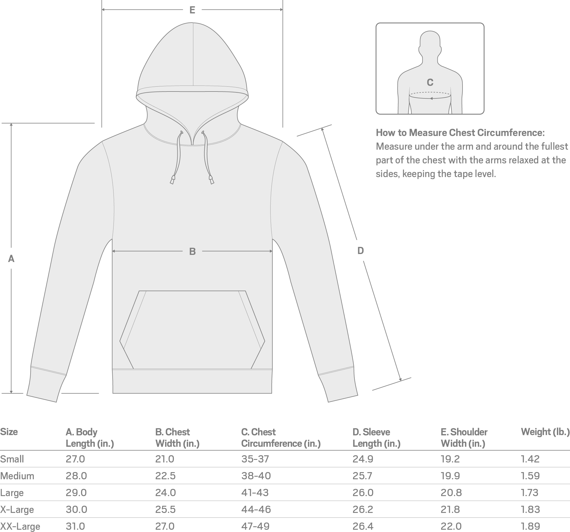 Specs for Tekton Heavyweight Pullover Hoodie, Dark Heather Gray (Small)