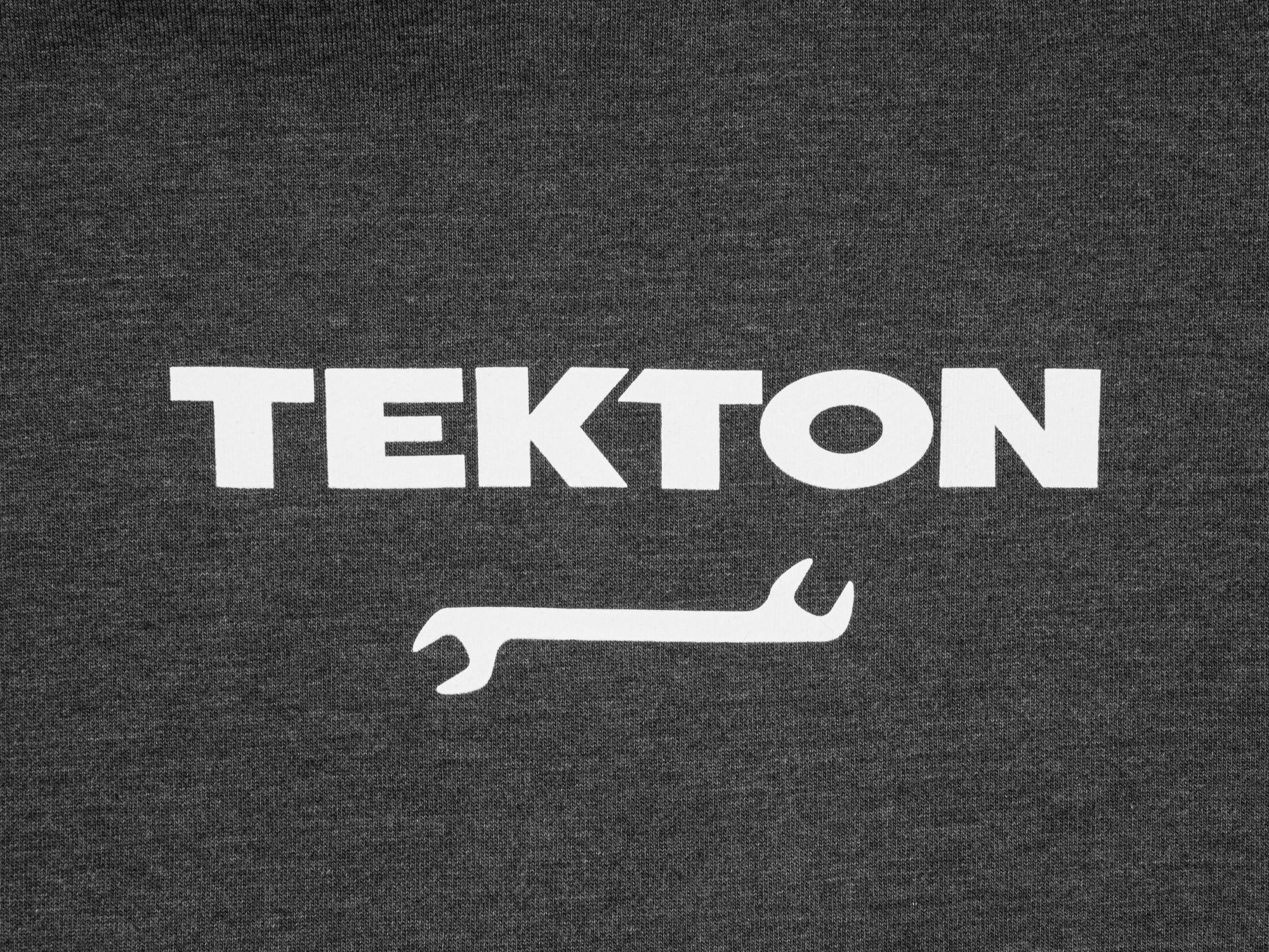 Closeup view of dark-heather-gray Tekton hoodie. Item #0