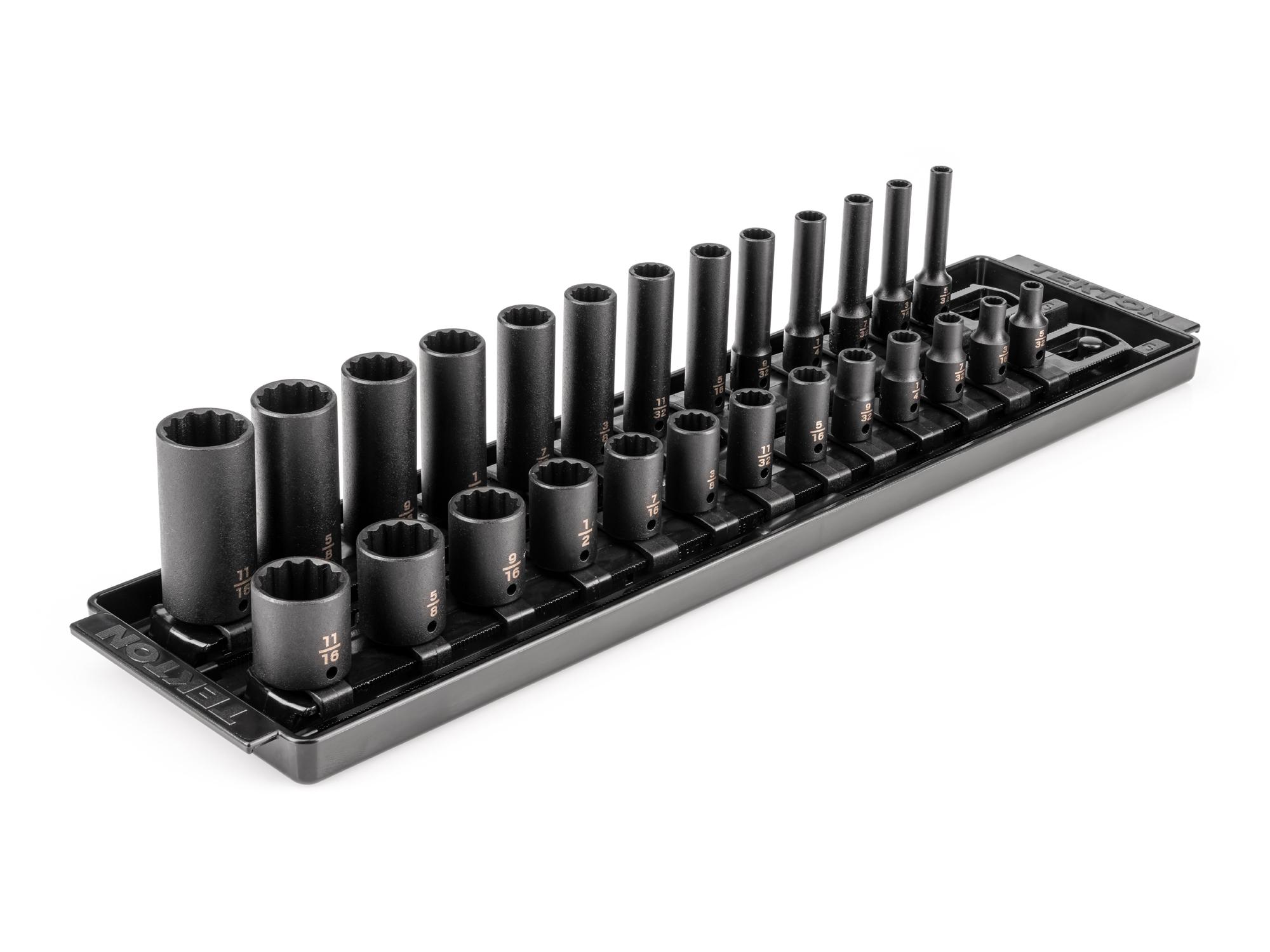 1/4 Inch Drive Shallow and Deep 12-Point Impact Socket Set with Rails and Tray (26-Piece)