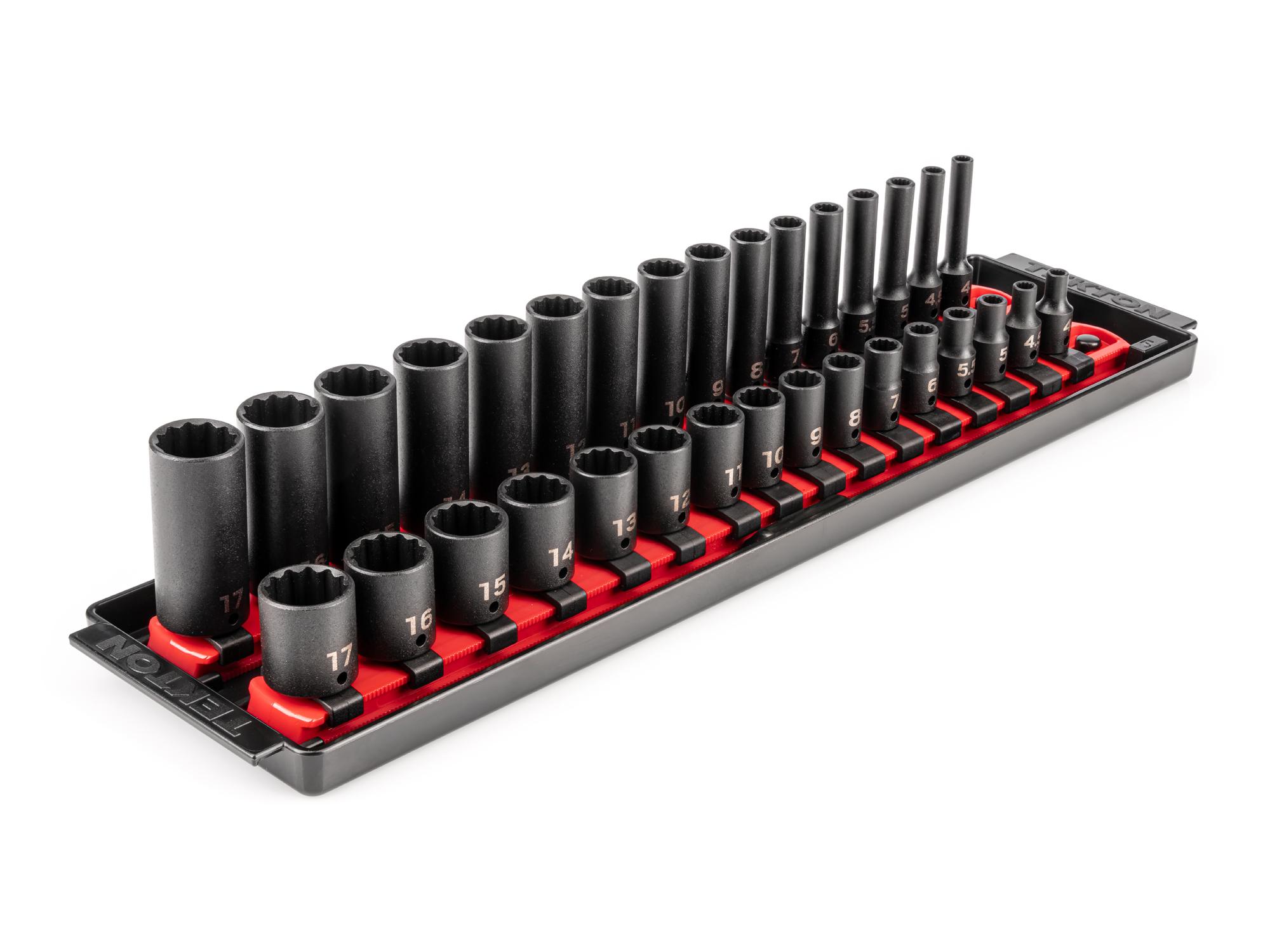 1/4 Inch Drive Shallow and Deep 12-Point Impact Socket Set with Rails and Tray (32-Piece)
