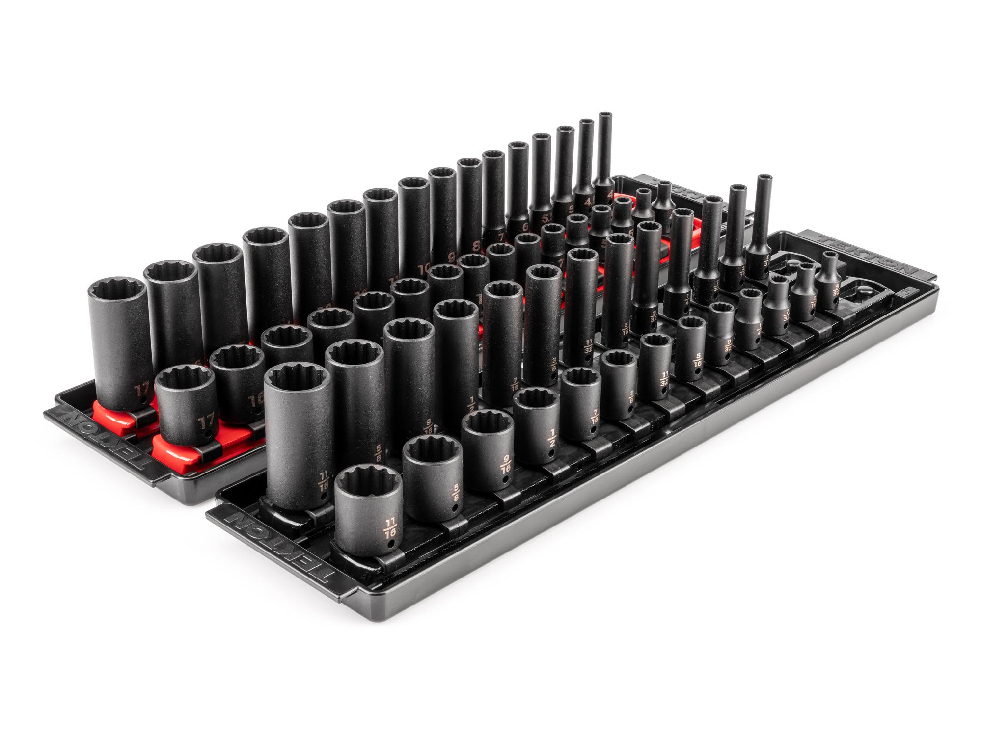 1/4 Inch Drive Shallow and Deep 12-Point Impact Socket Set with Rails and Trays (58-Piece)