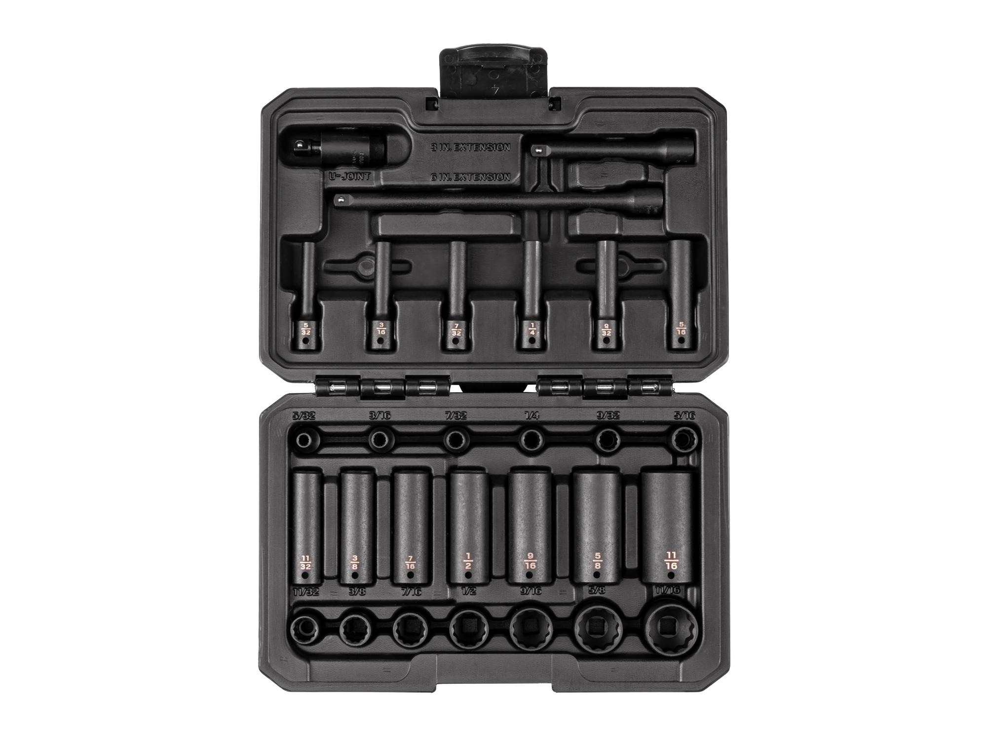 1/4 Inch Drive Shallow and Deep 12-Point Impact Socket and Accessory Set with Case (29-Piece)