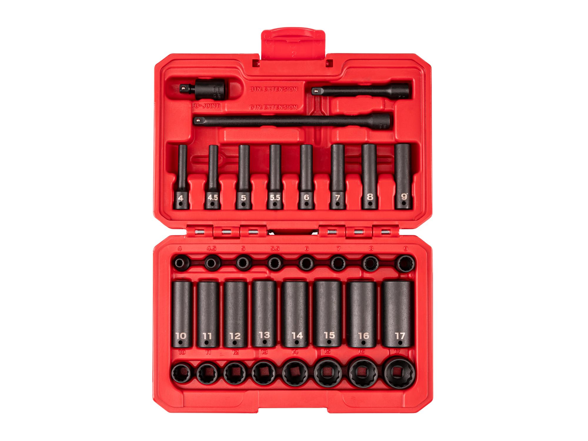 1/4 Inch Drive Shallow and Deep 12-Point Impact Socket and Accessory Set with Case (35-Piece)