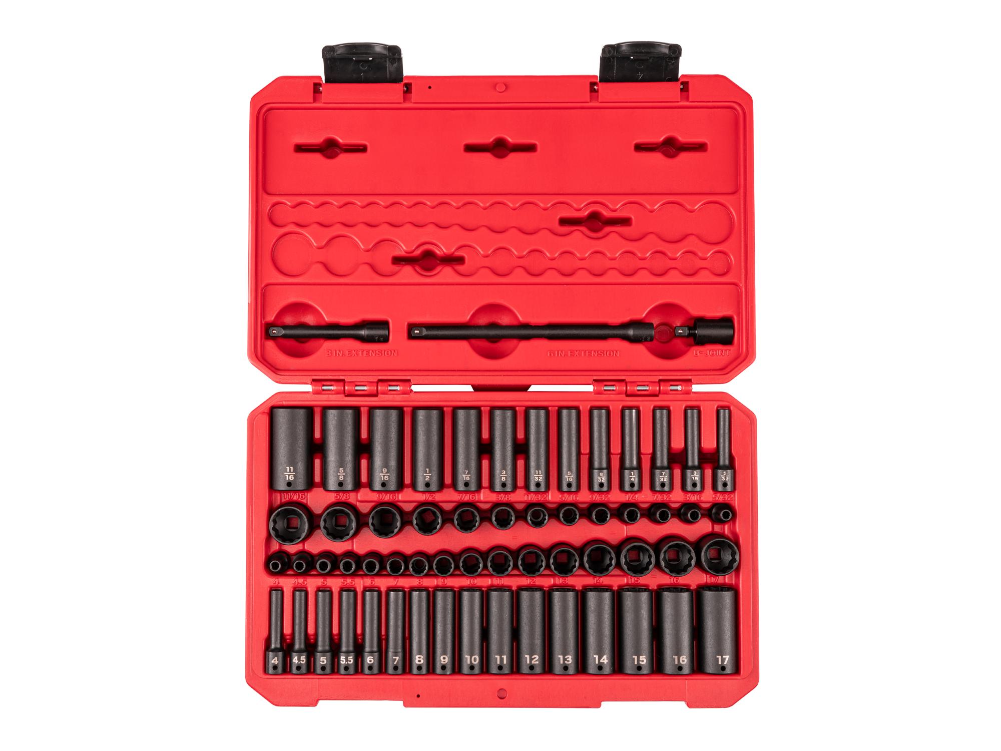 1/4 Inch Drive Shallow and Deep 12-Point Impact Socket and Accessory Set with Case (61-Piece)