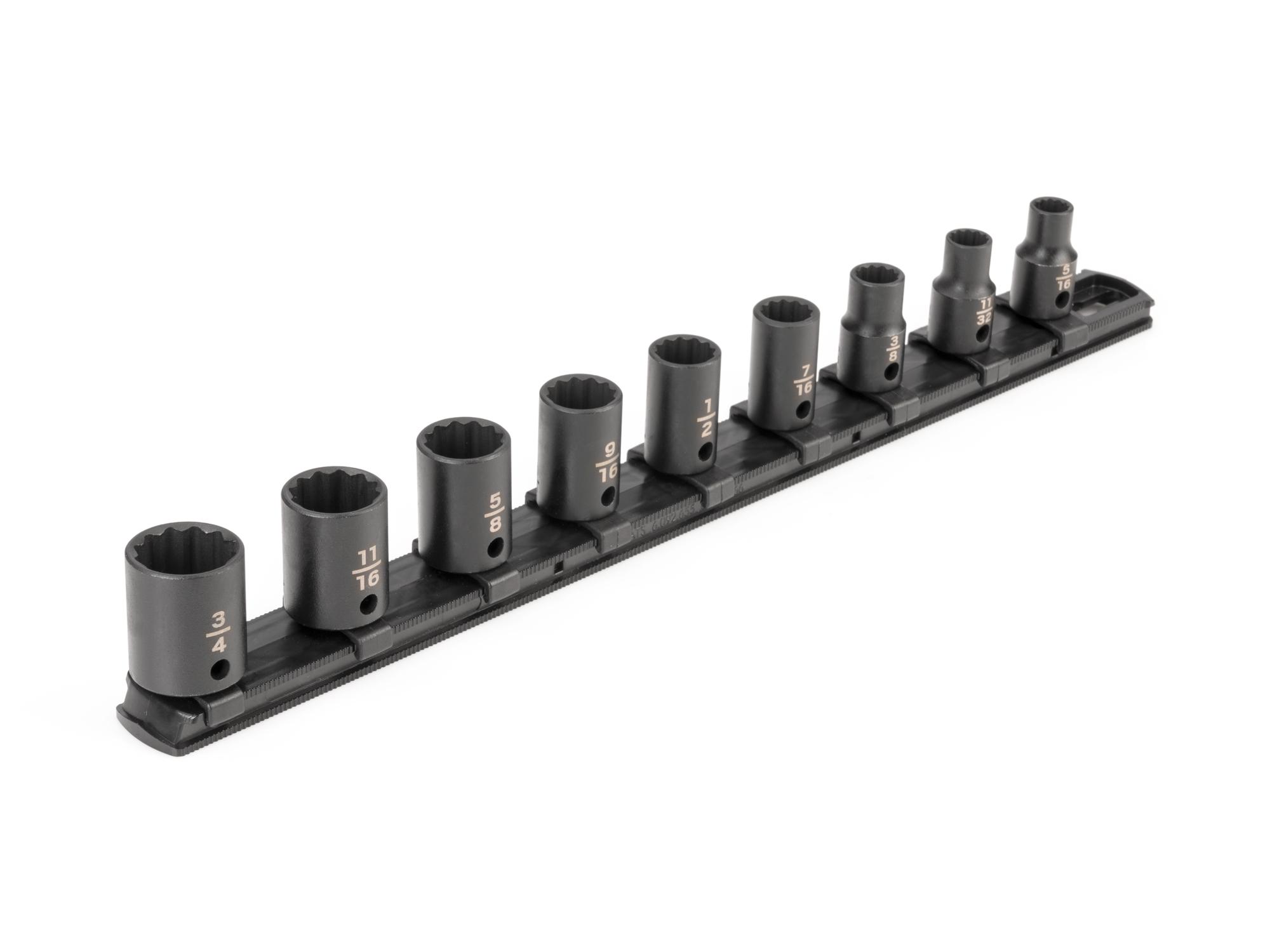 Front-right angle view of Tekton rail impact drive 12-point socket set. Item #SID91108