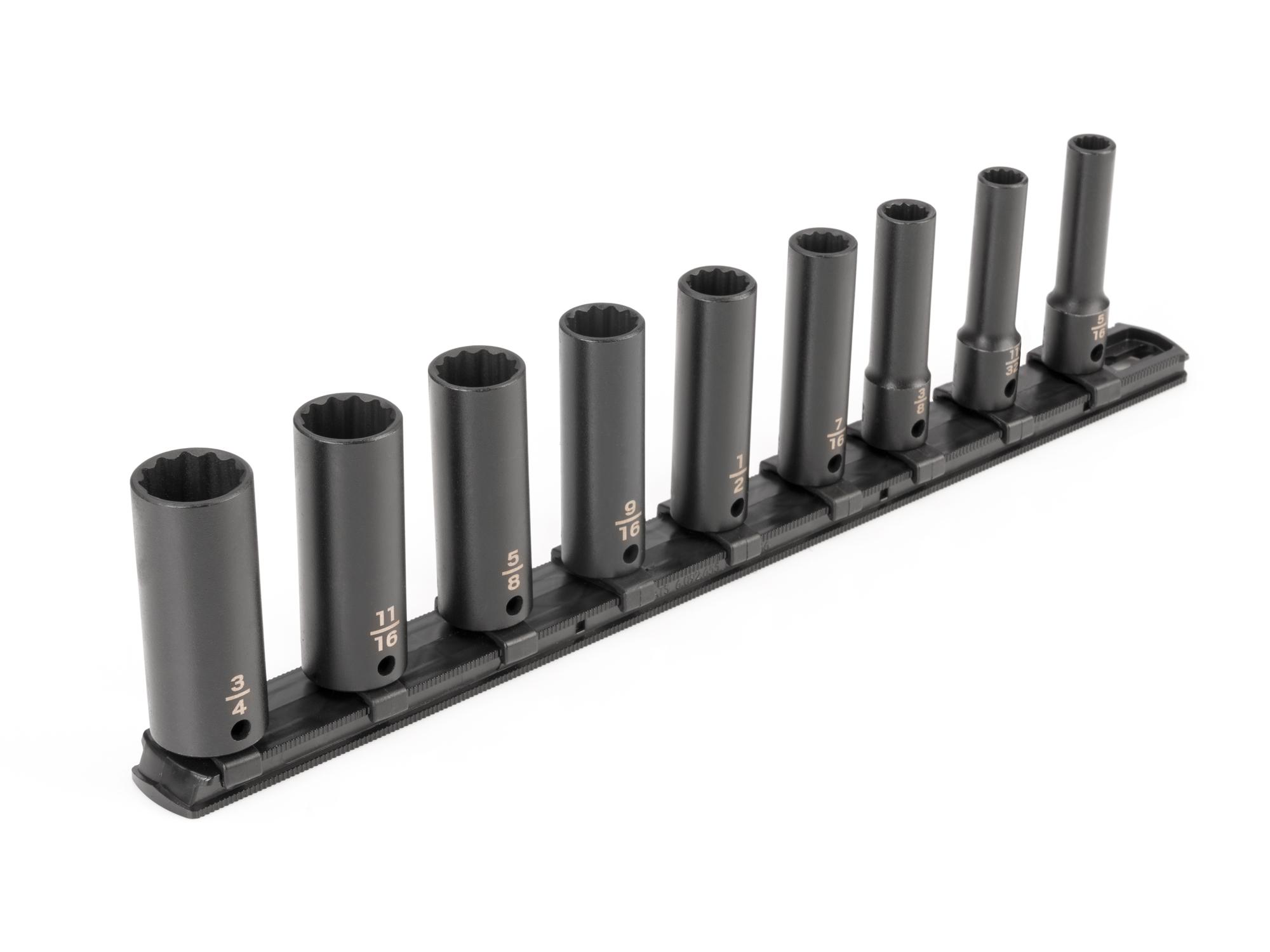 Front-right angle view of Tekton rail impact drive 12-point socket set. Item #SID91109