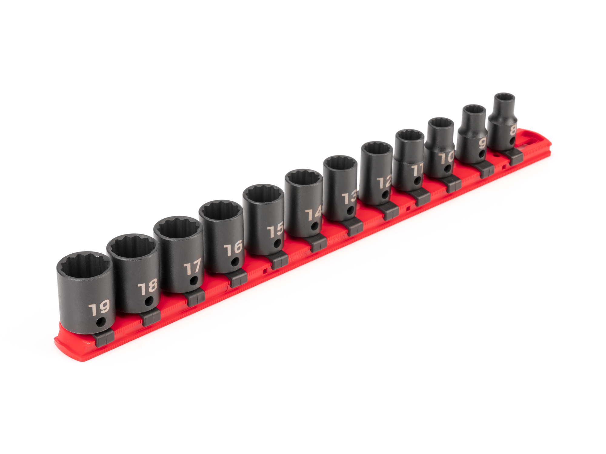 TEKTON 3/8 Inch Drive 12-Point Impact Socket Set with Rail, 12-Piece (8-19 mm)