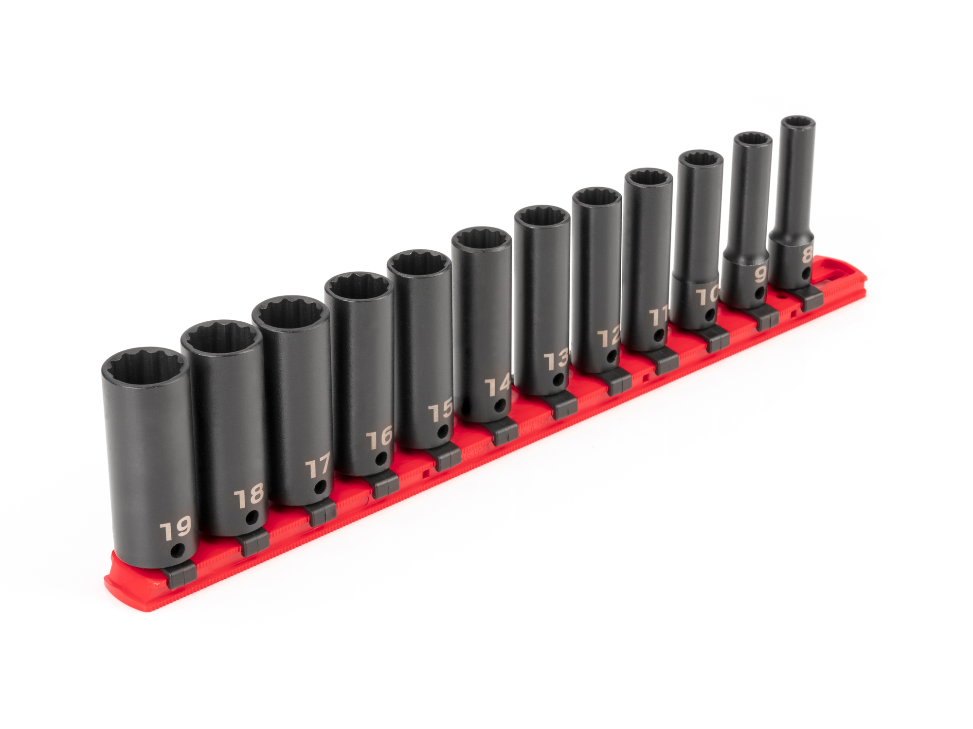 TEKTON 3/8 Inch Drive Deep 12-Point Impact Socket Set with Rail, 12-Piece (8-19 mm)