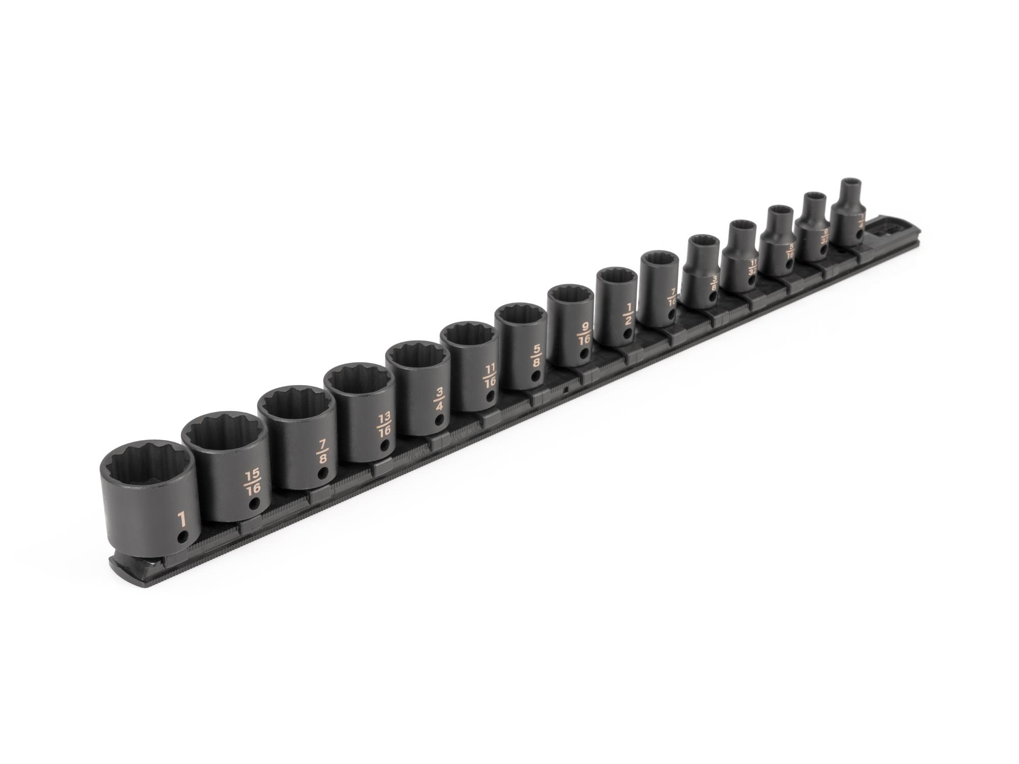 Front-right angle view of Tekton rail impact drive 12-point socket set. Item #SID91112