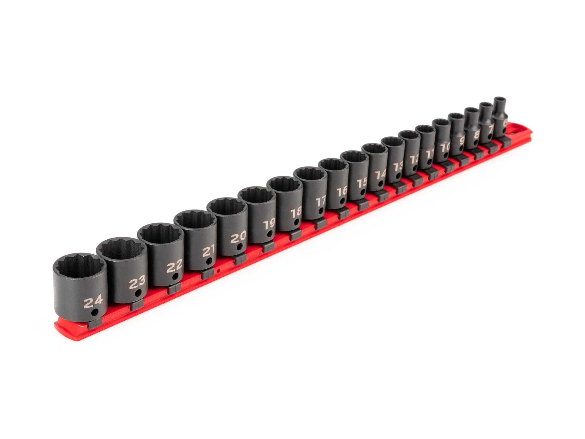 Front-right angle view of Tekton rail impact drive 12-point socket set. Item #SID91114