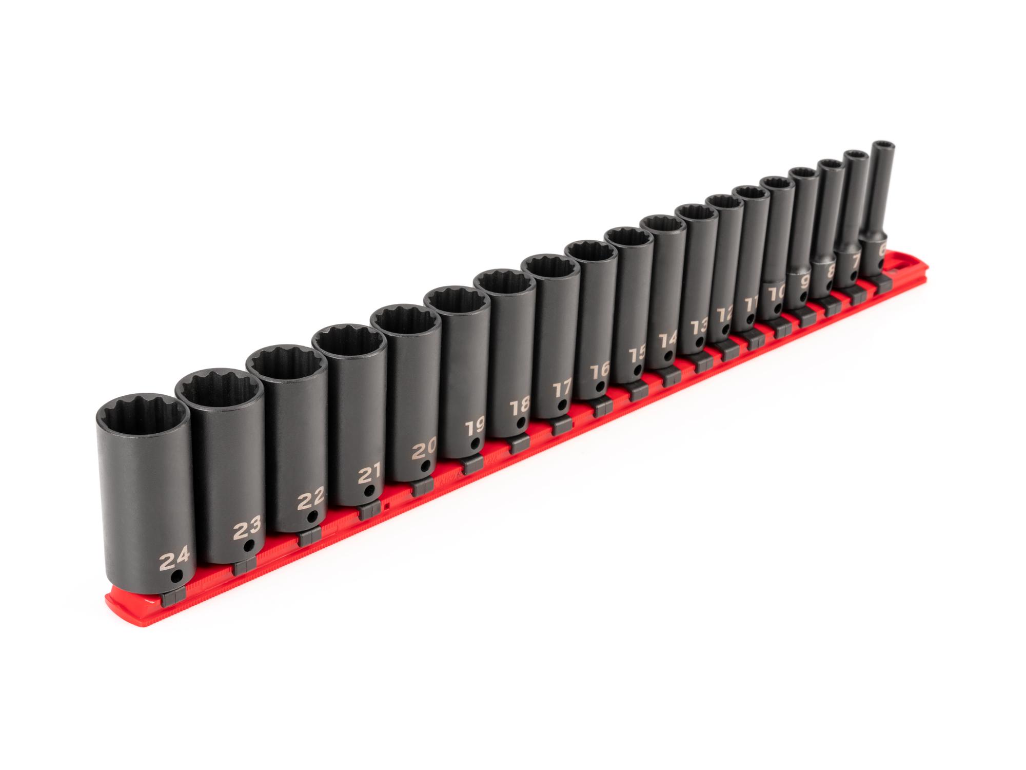 Front-right angle view of Tekton rail impact drive 12-point socket set. Item #SID91115